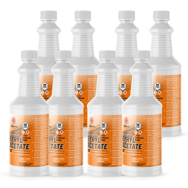 8x1 quart Ethyl Acetate Technical Grade in HDPE bottles flammable/danger warning symbols, Alliance Chemical branding