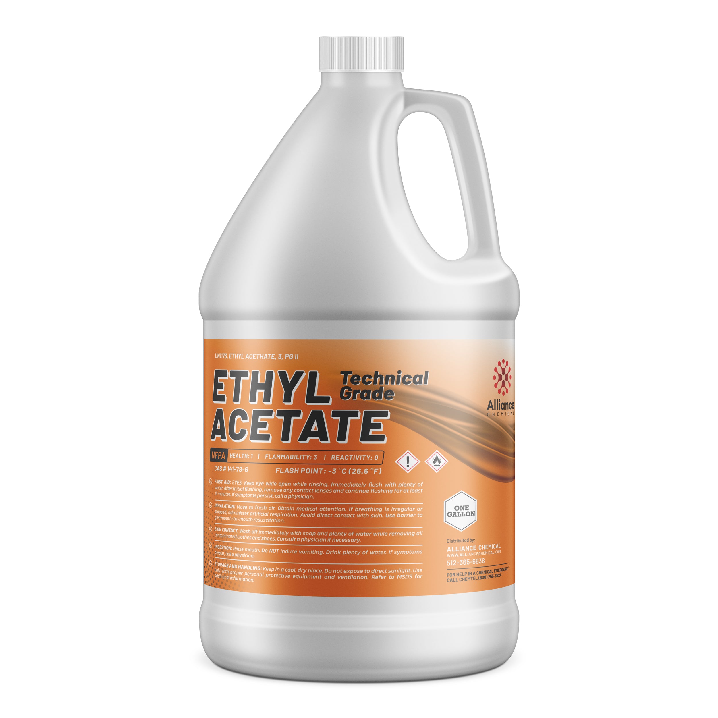 One-gallon HDPE container of technical-grade ethyl acetate with NFPA diamond, flammability warnings, orange label and child-resistant cap.