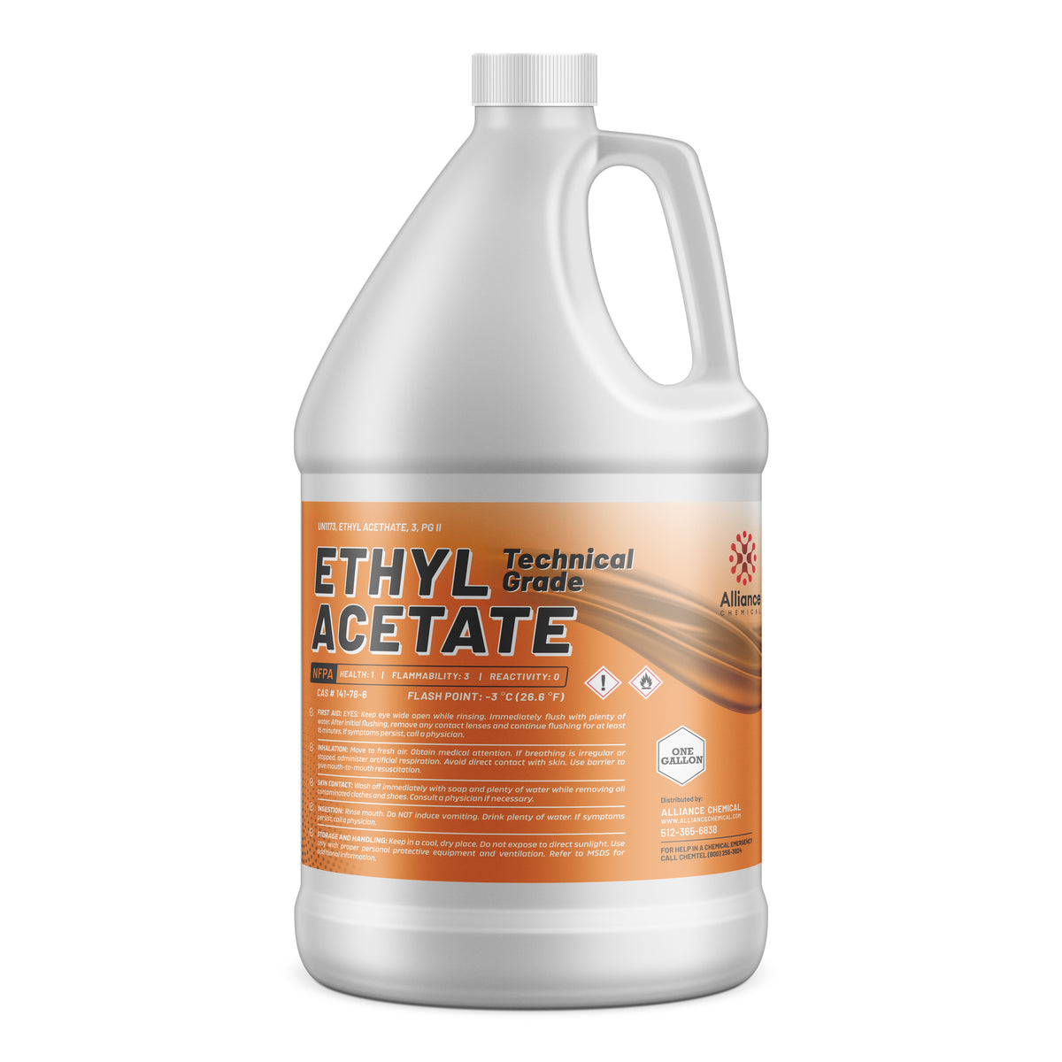 One 1-gallon Alliance Chemical Ethyl Acetate HDPE jug with a white screw cap and product label.