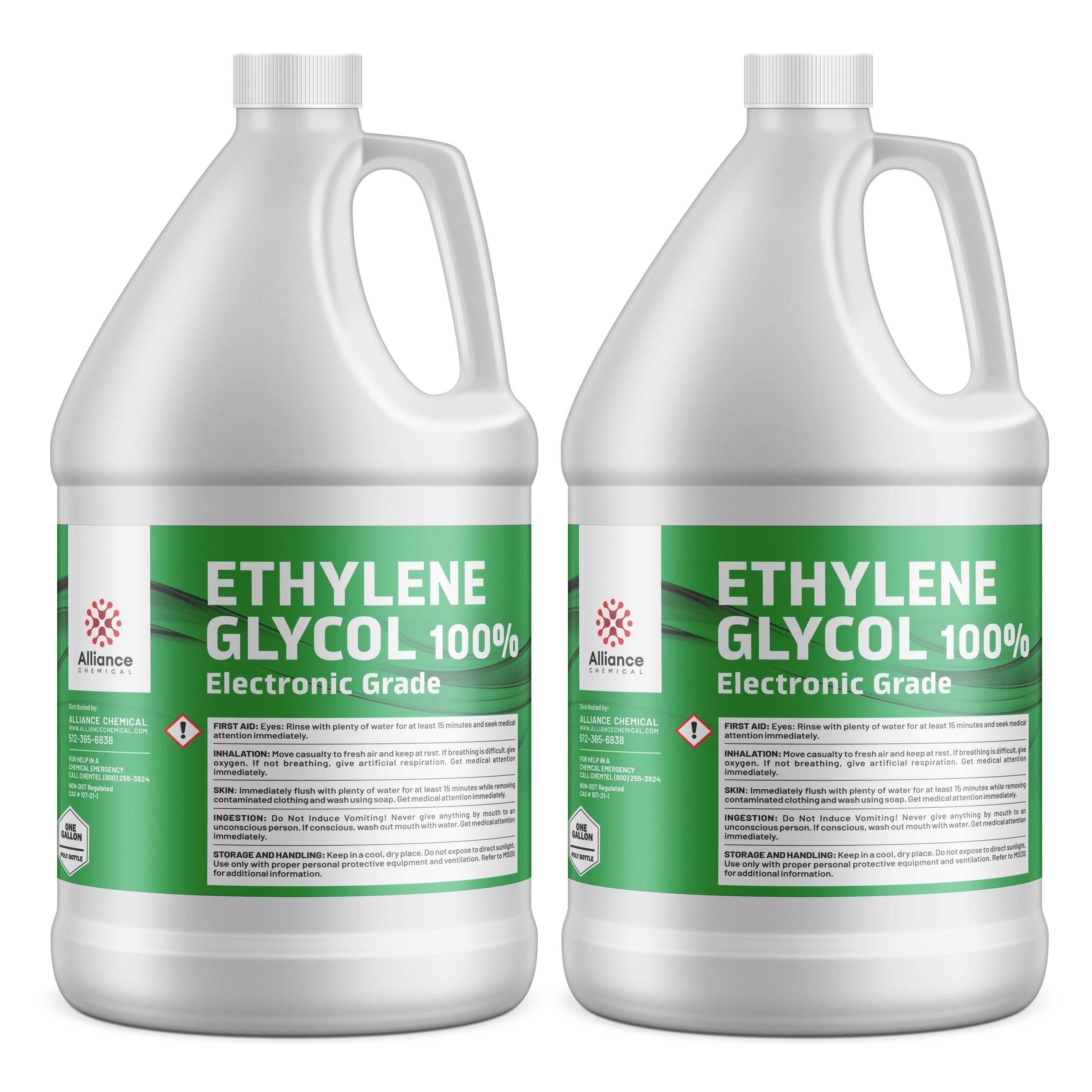 2-gallon electronic-grade ethylene glycol (100% pure) in white HDPE jugs with green labels, GHS hazard pictogram, first aid instructions, Alliance Chemical brand.