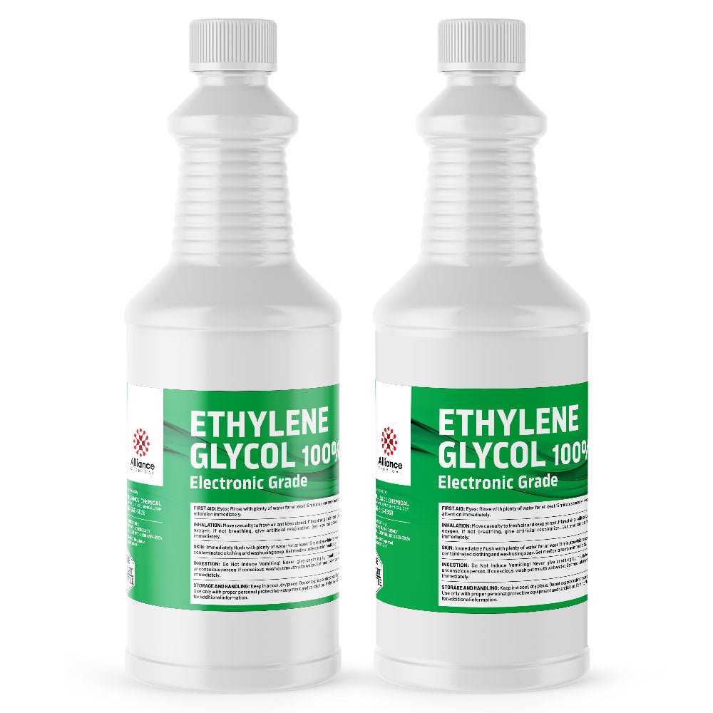 2-quart bottles of 100% Electronic Grade Ethylene Glycol in white HDPE containers with ribbed design and safety information labels.