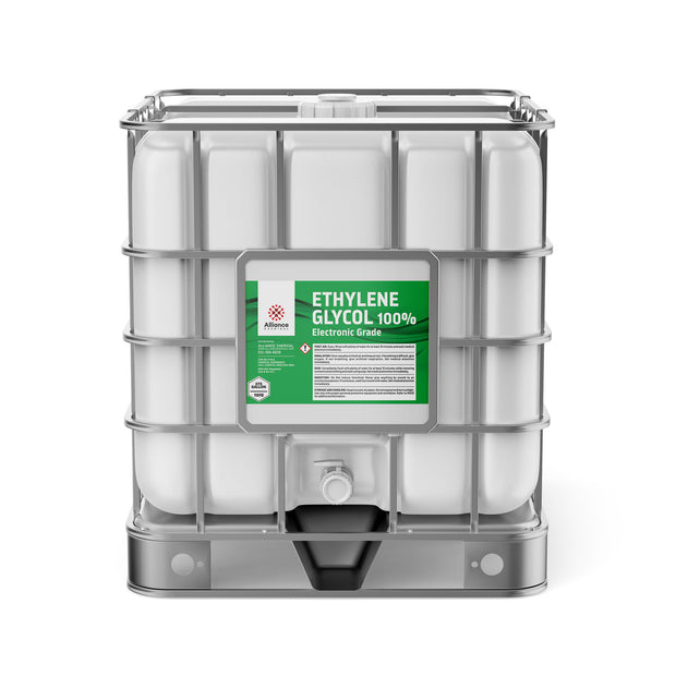 275-gallon IBC tote of Electronic Grade Ethylene Glycol 100%, white container , Alliance Chemical branded, GHS warning label