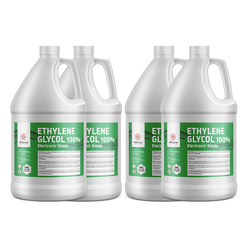 4x1-gallon Electronic-grade Ethylene Glycol 100% in white HDPE jugs with green labels, hazard symbols, Alliance Chemical branding.
