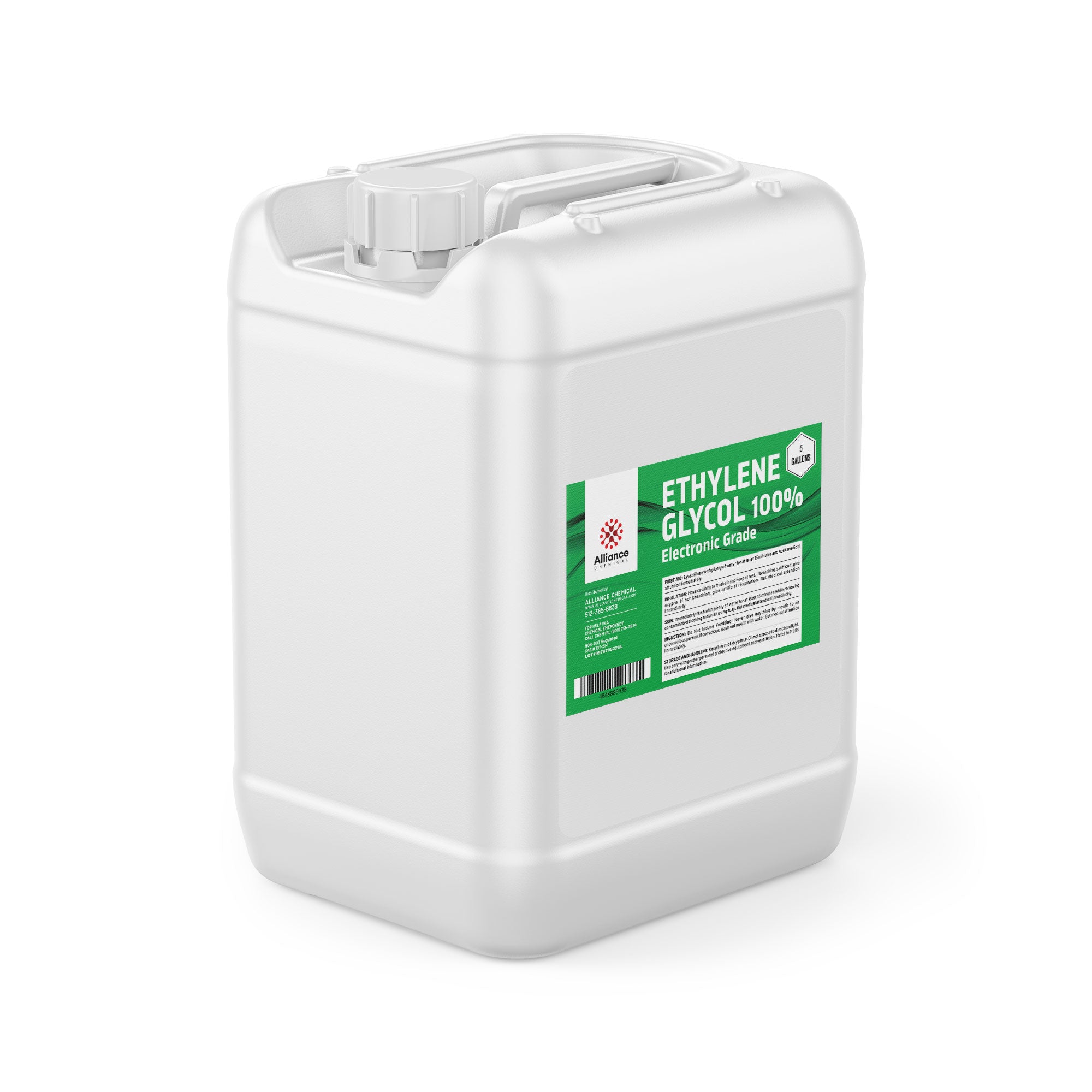5-gallon white HDPE container of 100% Electronic Grade Ethylene Glycol by Alliance Chemical with green product label and secure screw cap.