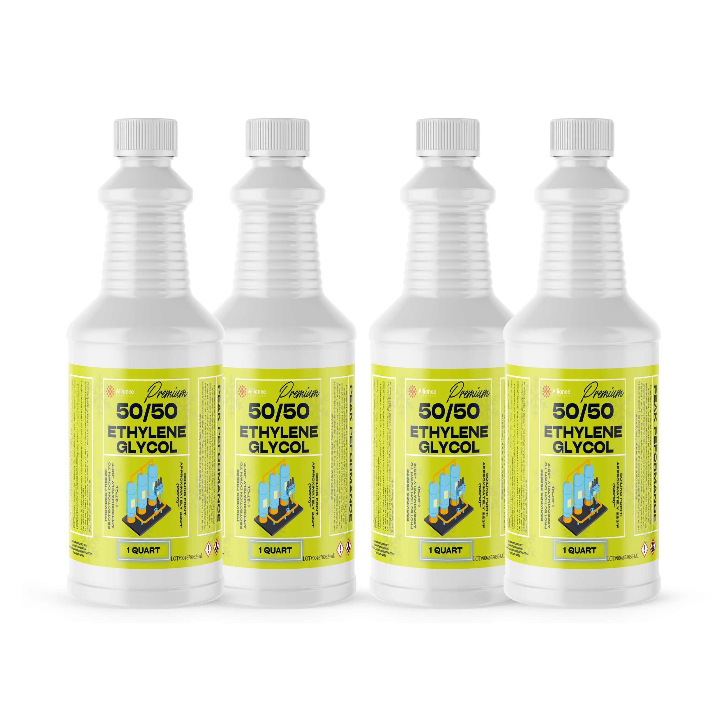 4x1 quart bottles of Premium 50/50 Ethylene Glycol antifreeze in white HDPE containers with yellow labels, hazard symbols, and ribbed design.