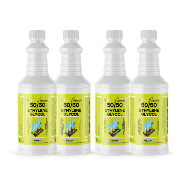 Four 1-quart plastic jugs of Alliance Chemical Ethylene Glycol 50/50 with white screw caps and product labels.