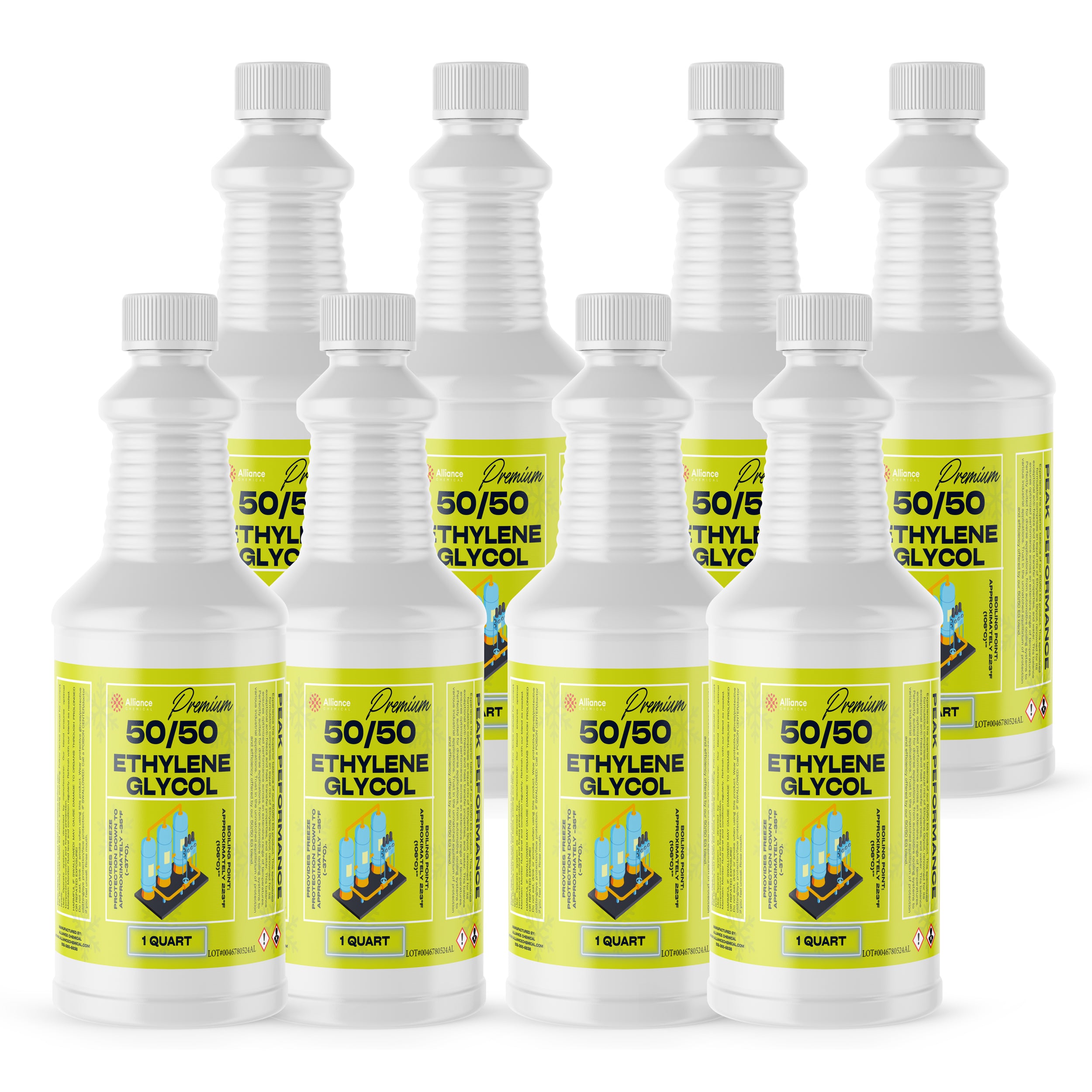8x1-quart bottles of Premium 50/50 Ethylene Glycol antifreeze in white HDPE containers with yellow labels, hazard symbols, and ribbed caps.