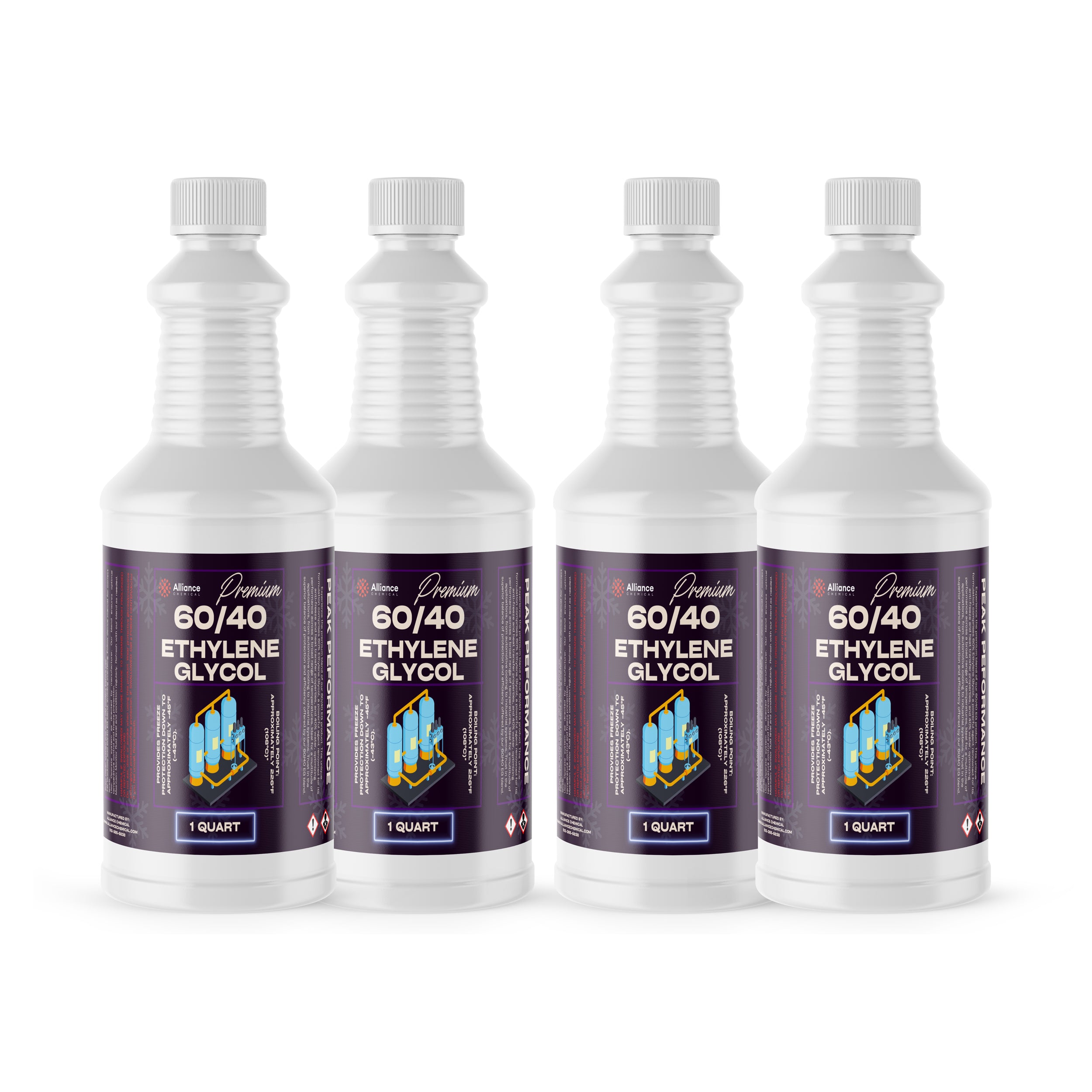 4 quart bottles of Premium 60/40 Ethylene Glycol antifreeze in white HDPE containers with purple labels, hazard symbols, and ribbed safety caps.