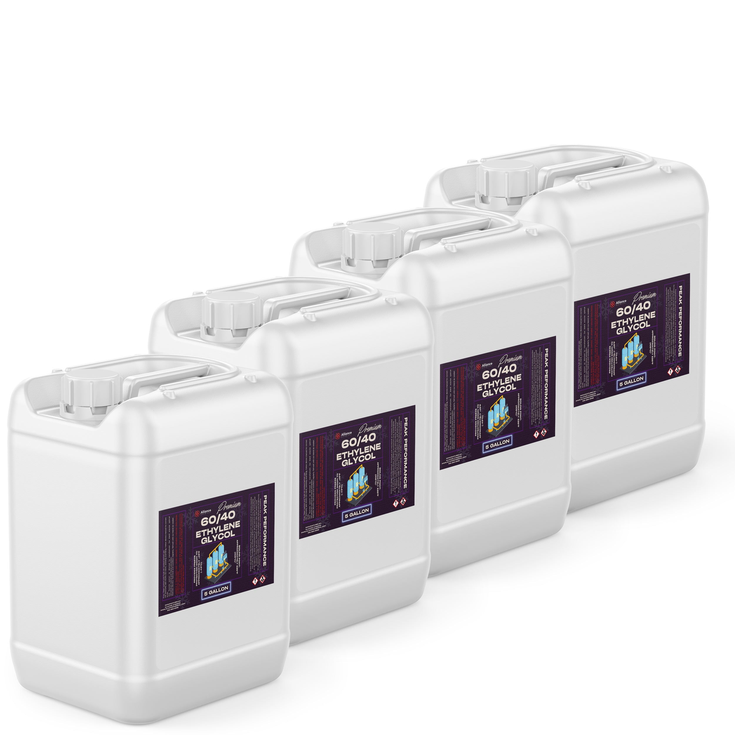 4x5-gallon white HDPE containers of 60/40 ethylene glycol coolant solution with purple premium-grade labels and chemical hazard symbols.