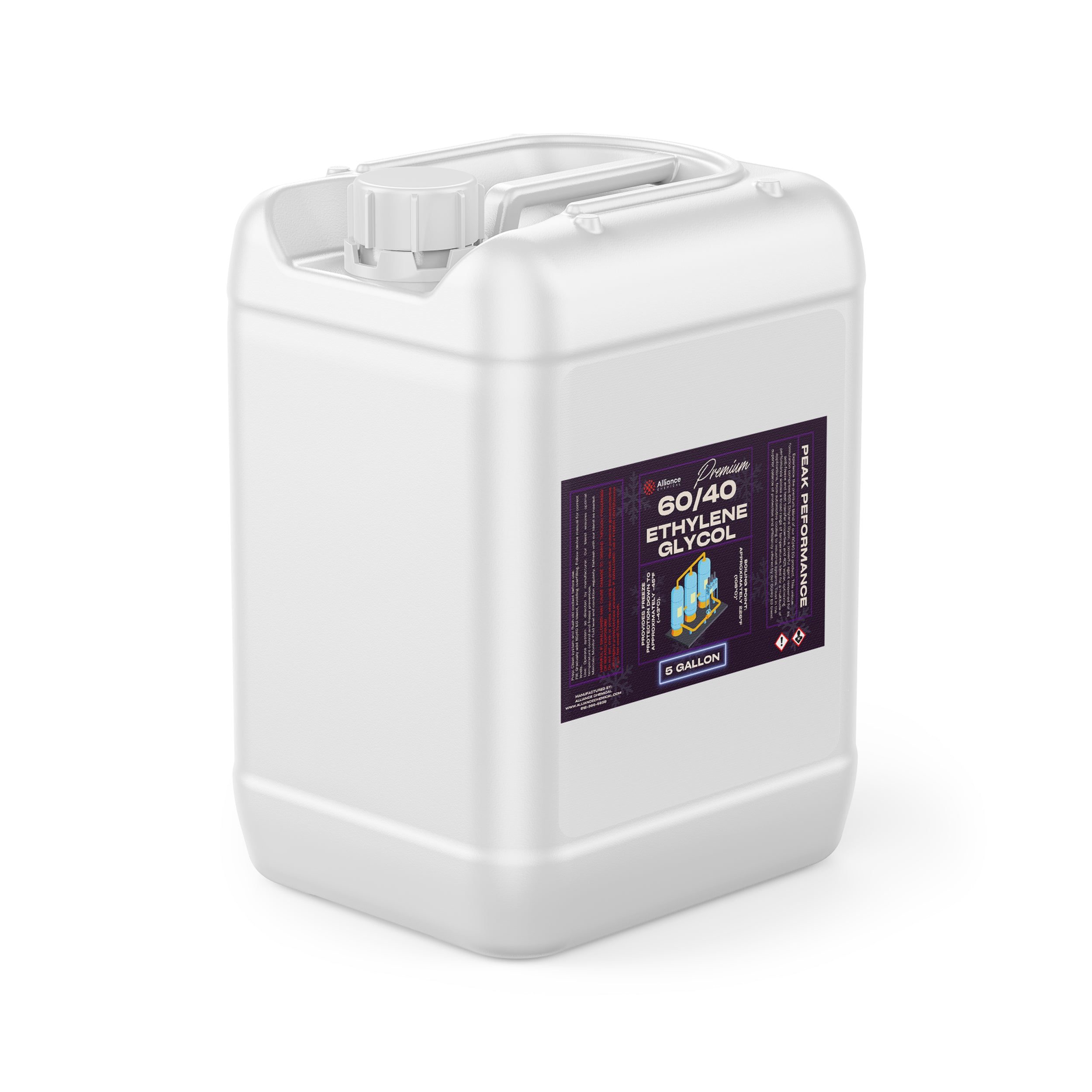 5-gallon white HDPE container of Premium 60/40 Ethylene Glycol coolant with purple product label and hazard warning symbols, screw-top closure.