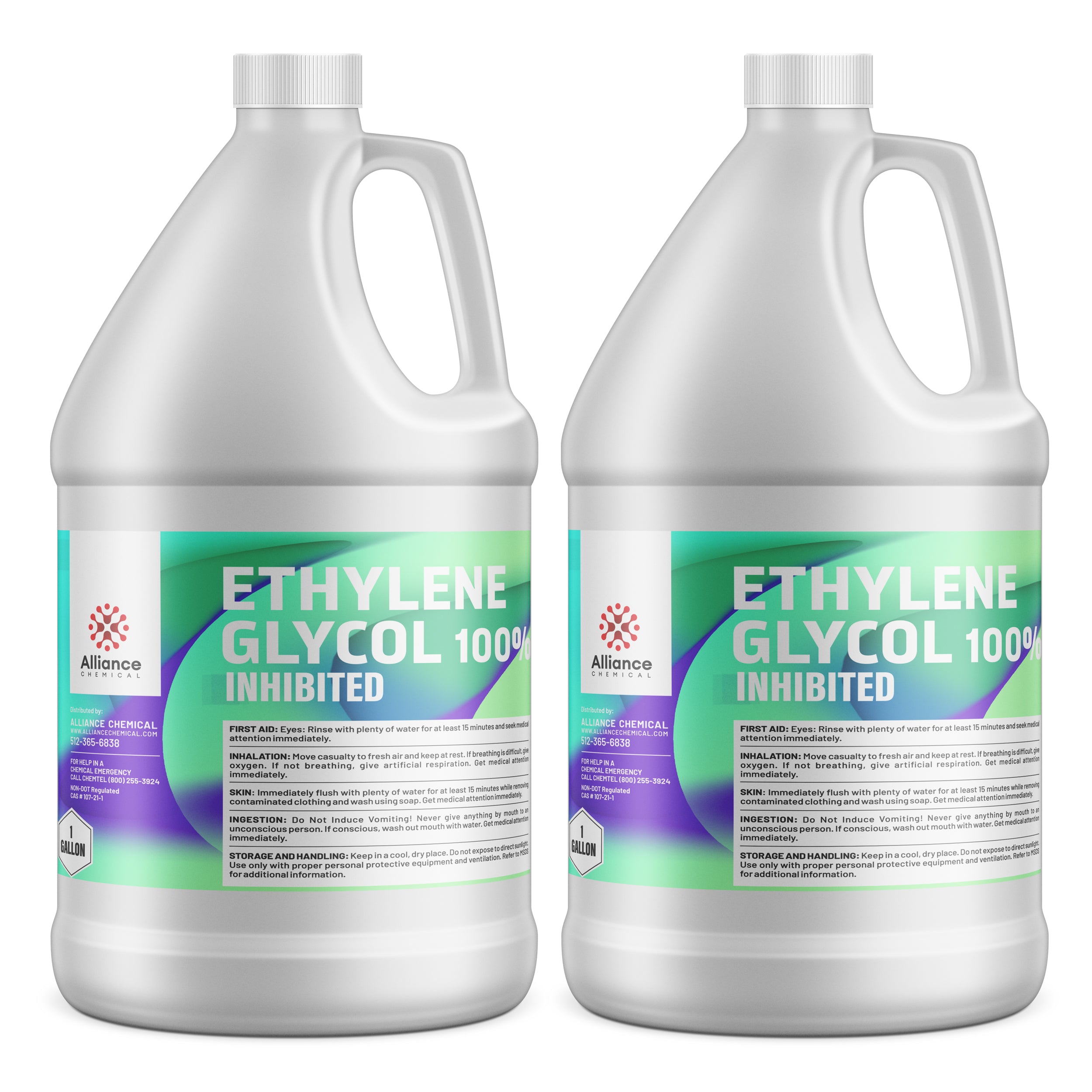 2-gallon Alliance Chemical ethylene glycol, 100% inhibited formula in white HDPE jugs with safety warnings, first aid instructions, and chemical handling guidelines.