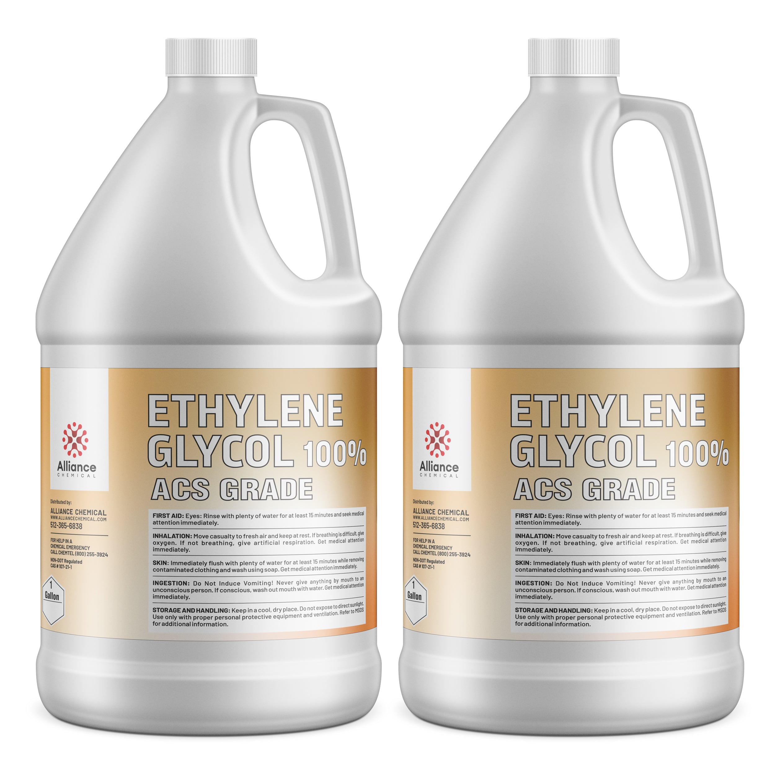 2-gallon HDPE jugs of 100% ACS Grade Ethylene Glycol by Alliance Chemical, featuring safety warnings, GHS hazard symbol, and white ribbed caps.