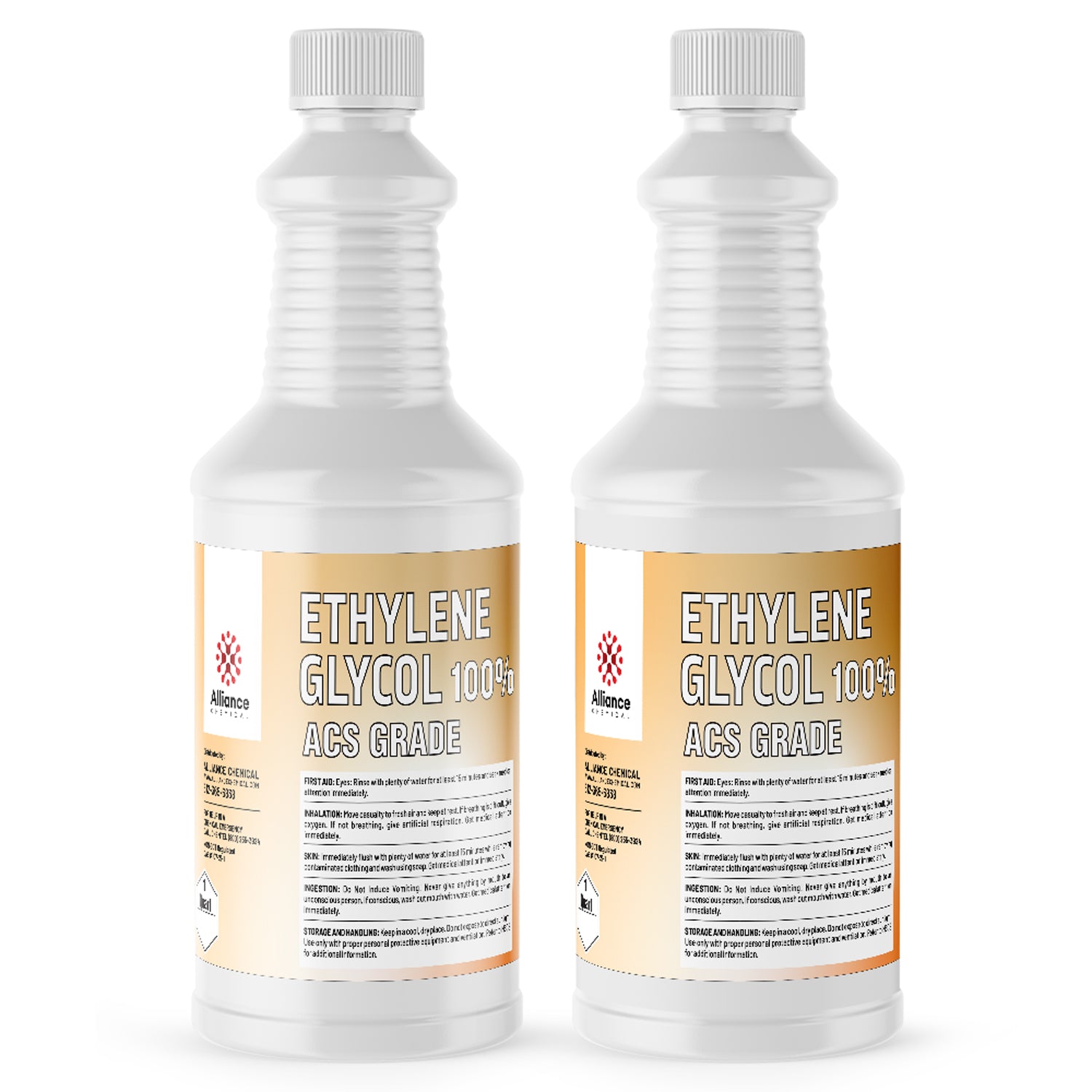 2-quart plastic bottles of 100% Ethylene Glycol ACS Grade by Alliance Chemical, featuring white ribbed safety caps and detailed product labeling.