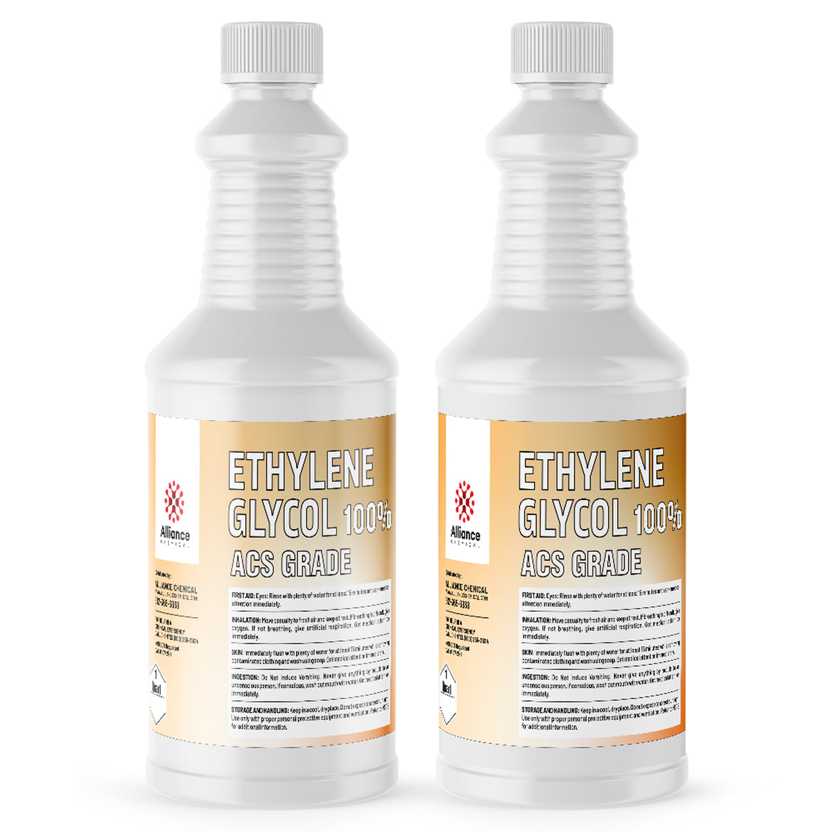 2-quart plastic bottles of 100% Ethylene Glycol ACS Grade by Alliance Chemical
