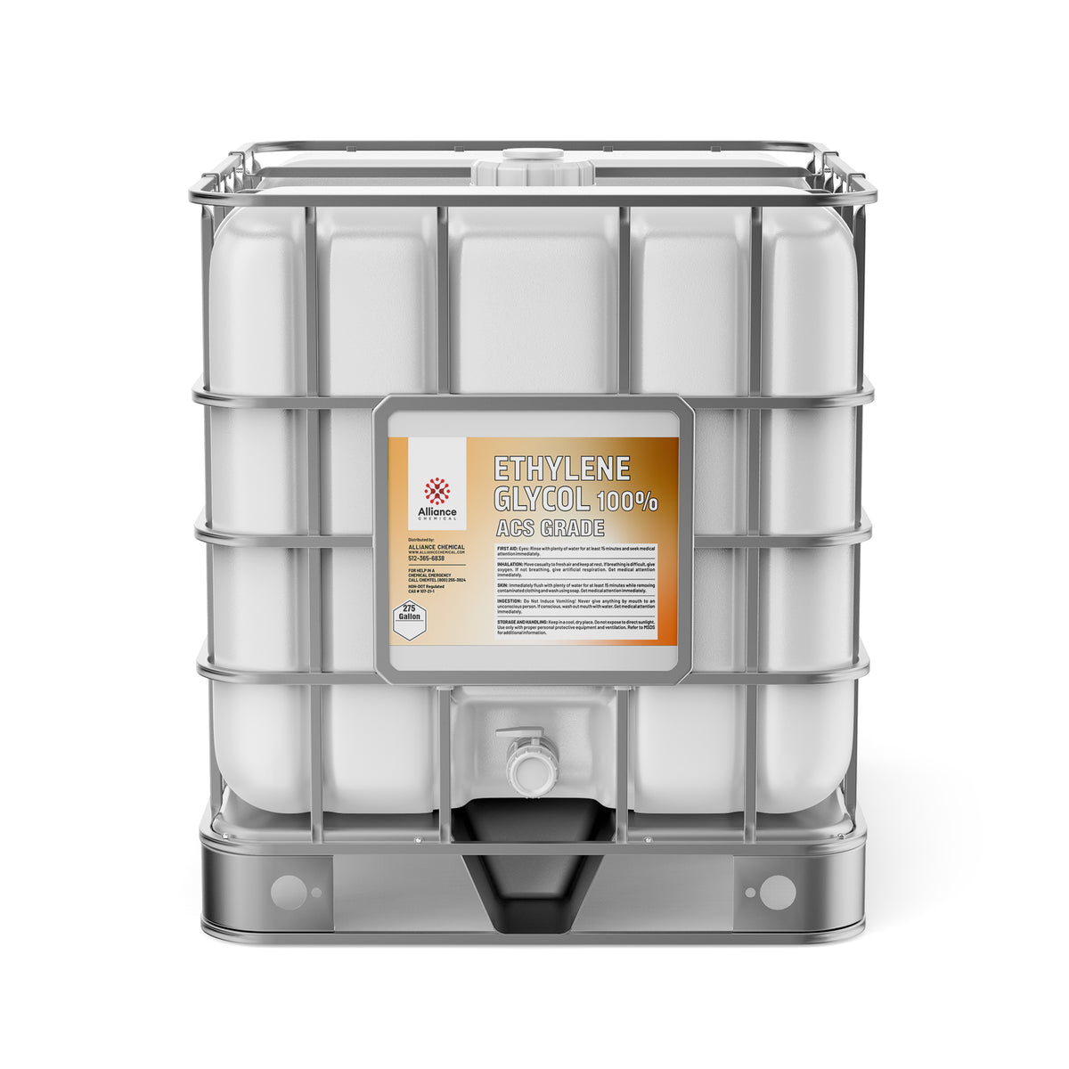275-gallon IBC tote of 100% ACS-grade ethylene glycol in white container with reinforced steel cage, Alliance Chemical