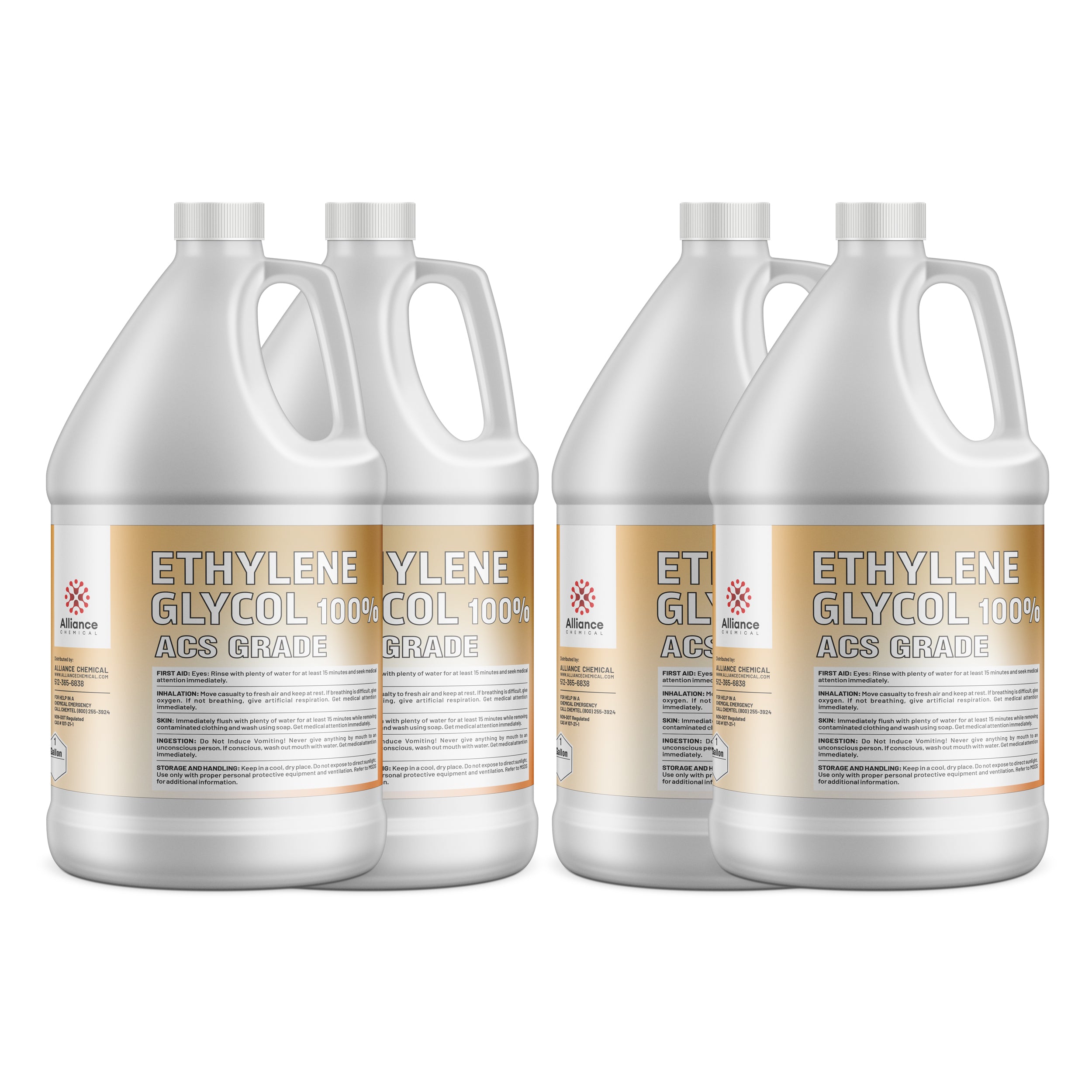 4x1-gallon HDPE jugs of ACS-grade ethylene glycol, 100% pure, with chemical safety labels and white ribbed caps, Alliance Chemical brand.