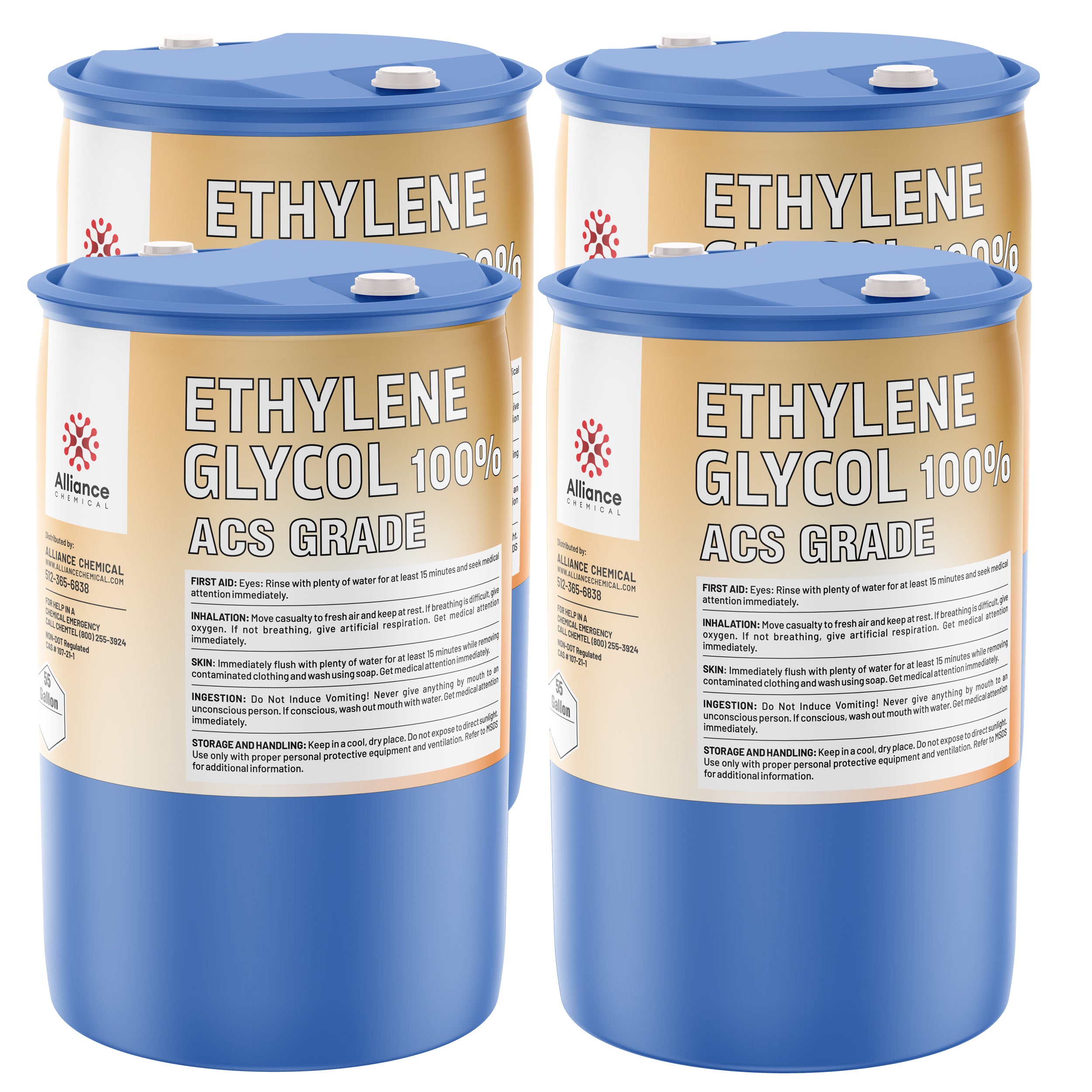 55-gallon blue drums of 100% Ethylene Glycol ACS Grade, Alliance Chemical brand, with safety instructions and first-aid protocols clearly labeled on tan product bands.