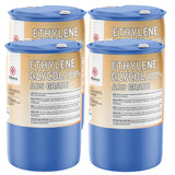 55-gallon blue drums of 100% Ethylene Glycol ACS Grade, Alliance Chemical brand, with safety instructions and first-aid