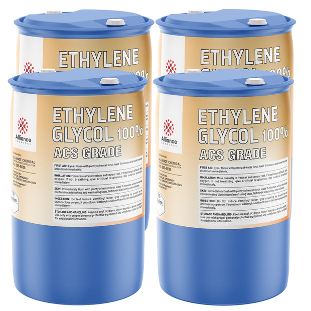 55-gallon blue drums of 100% Ethylene Glycol ACS Grade, Alliance Chemical brand, with safety instructions and first-aid