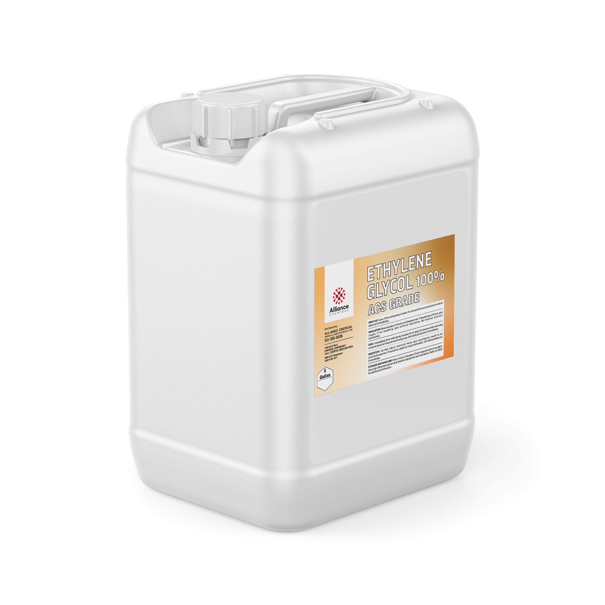 5-gallon white HDPE jerry can containing 100% ACS-grade ethylene glycol, labeled with Alliance Chemical branding and safety information.