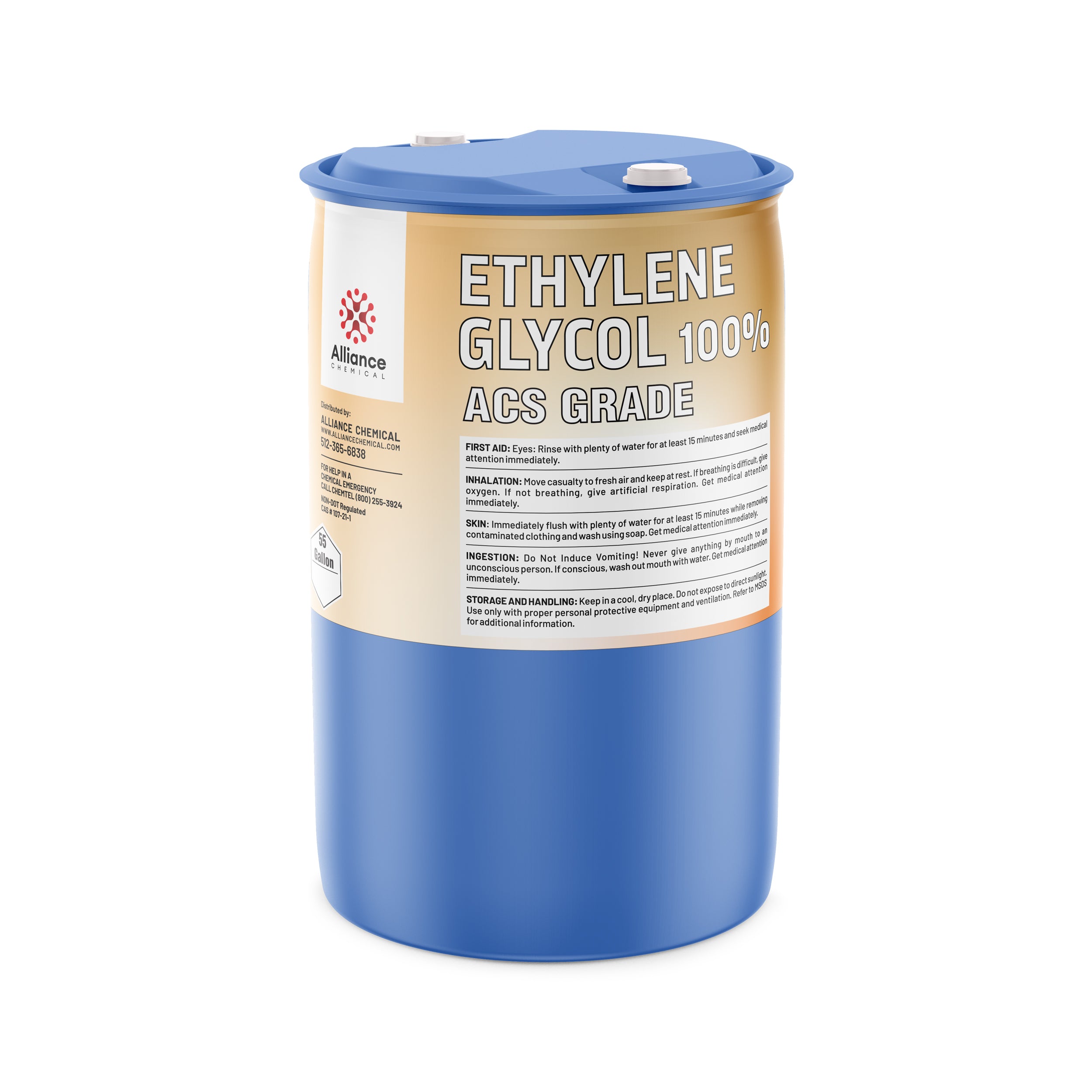 55-gallon blue drum of 100% ACS grade ethylene glycol by Alliance Chemical with safety warnings, first aid instructions, and hazard symbols.