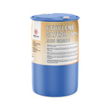 55-gallon blue drum of 100% ACS grade ethylene glycol by Alliance Chemical, first aid instructions, and hazard symbols