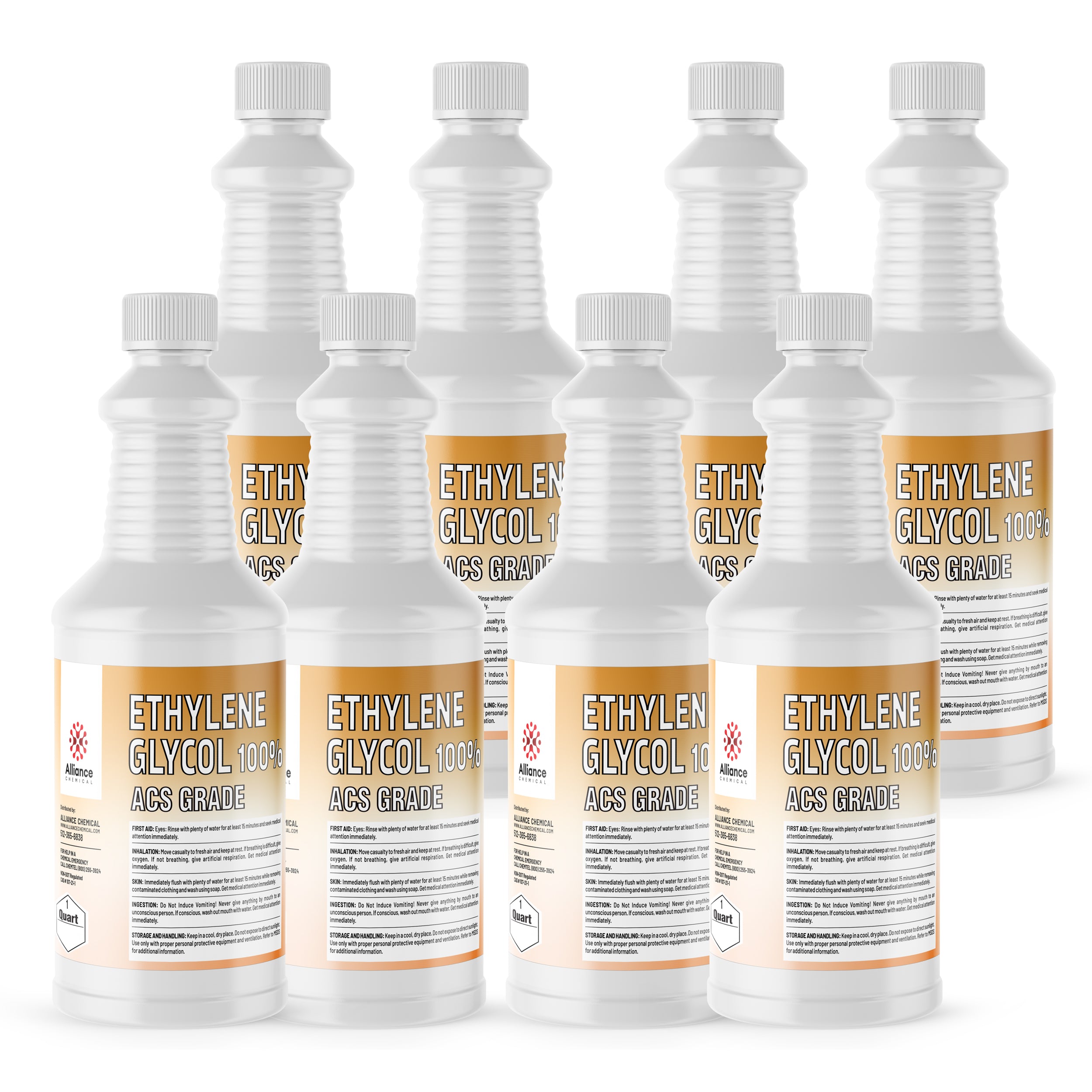 8x1 quart bottles of 100% ACS grade ethylene glycol in white HDPE containers with ribbed caps, Alliance Chemical brand, hazard warning symbols visible.