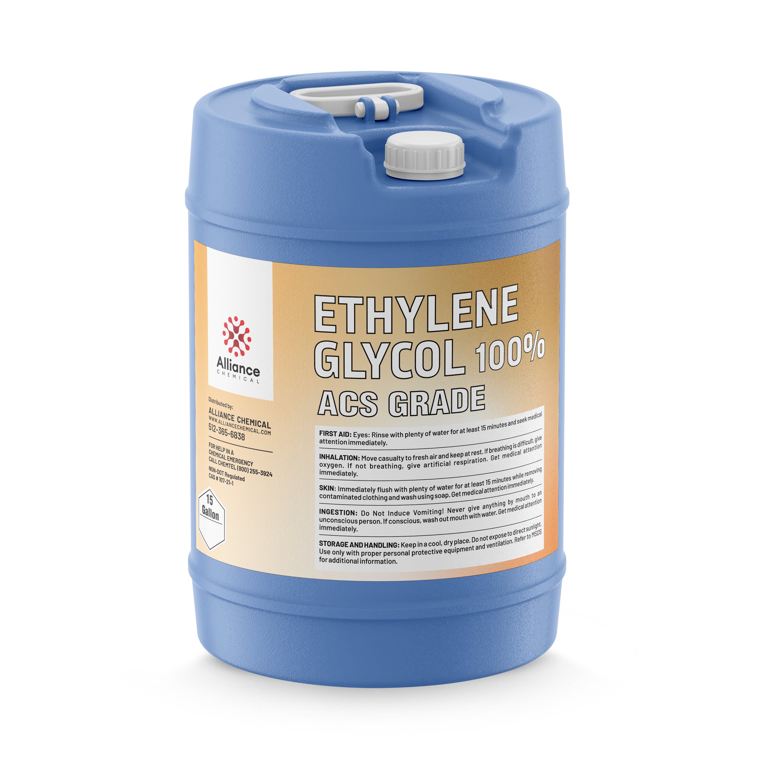 5-gallon blue HDPE carboy of 100% ACS Grade Ethylene Glycol by Alliance Chemical with first aid instructions and hazard warning label.