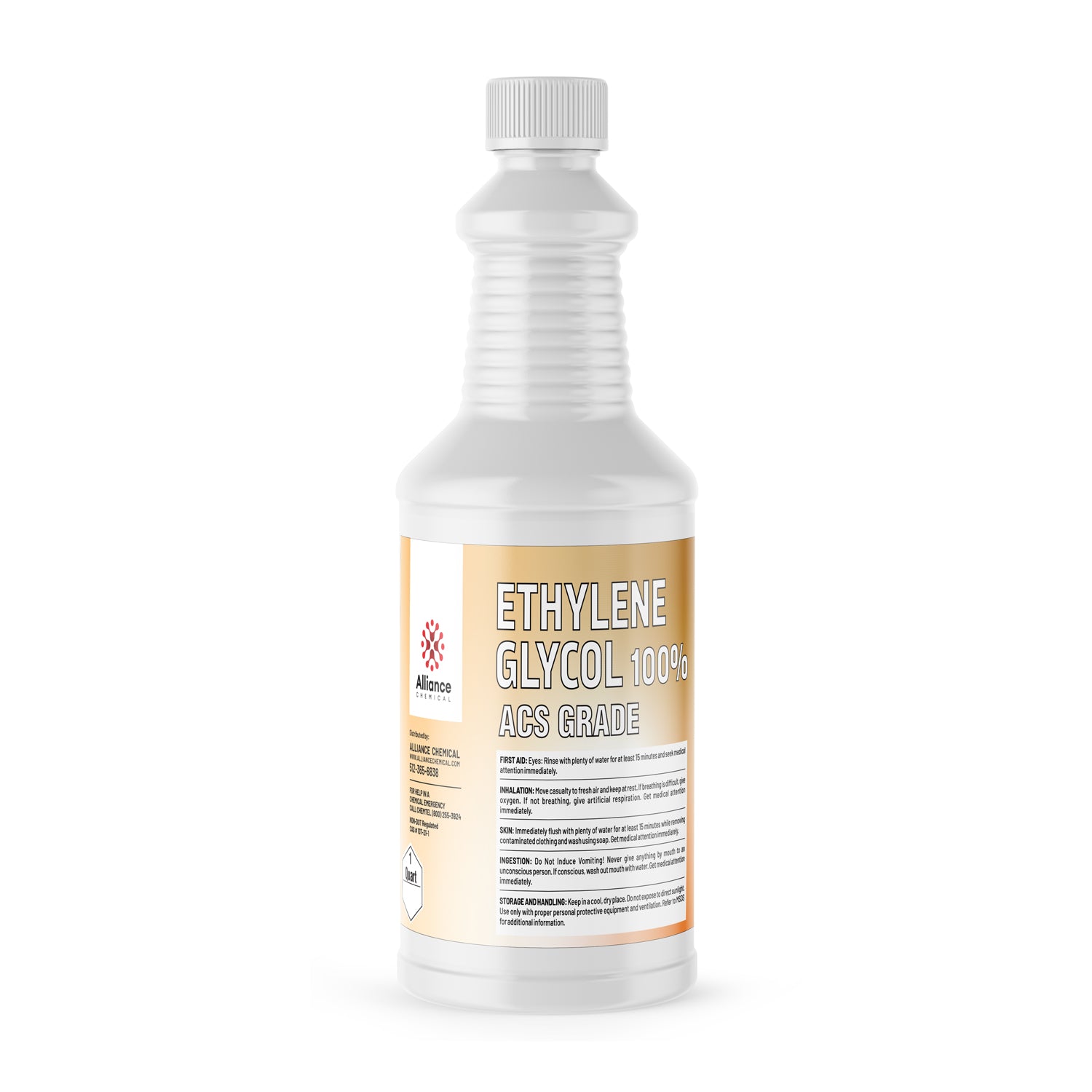 1-quart white HDPE bottle of 100% ACS-grade ethylene glycol with ribbed design, safety warning symbol, and detailed handling instructions.