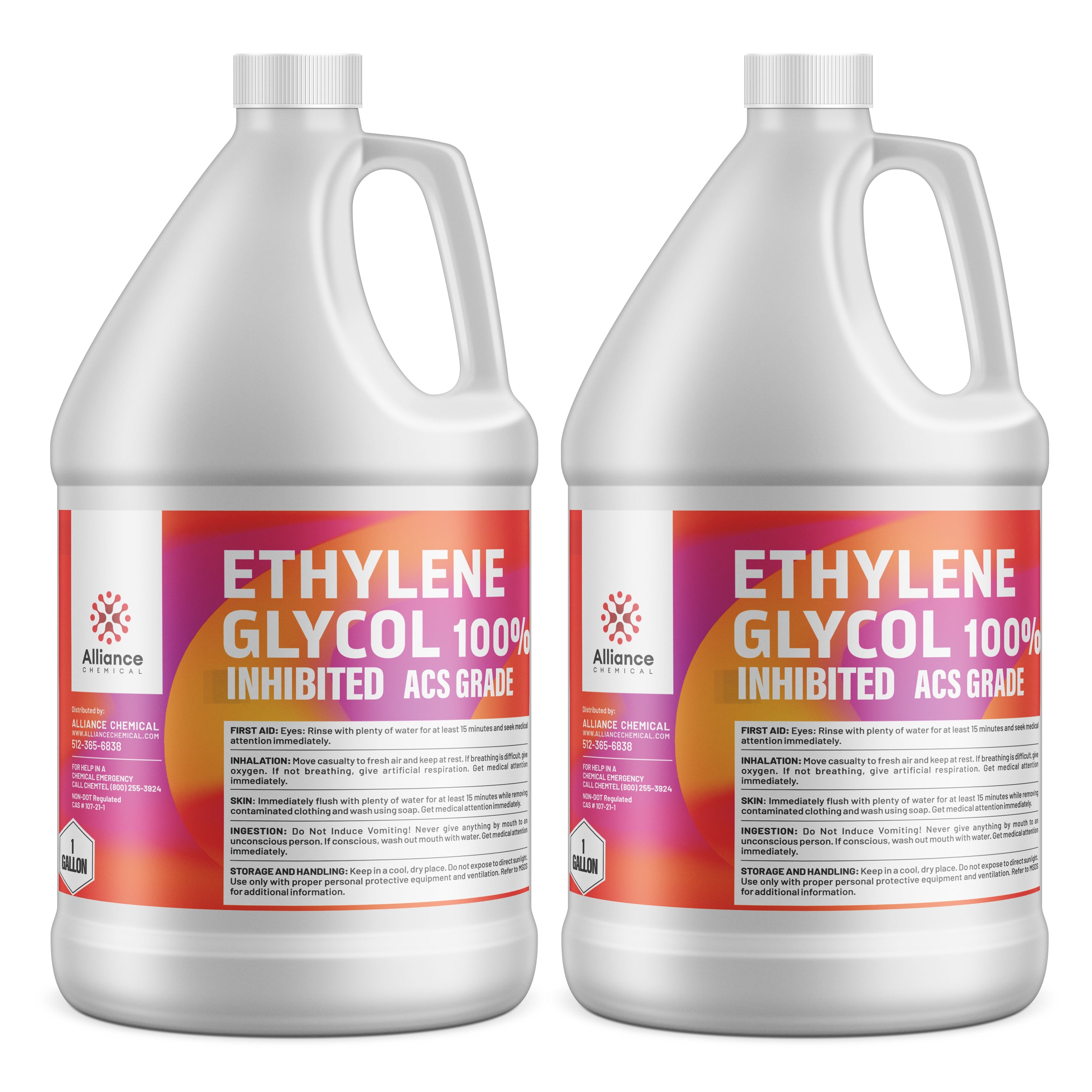 2-gallon HDPE jugs of 100% Ethylene Glycol Inhibited ACS Grade chemical with first aid instructions, Alliance Chemical brand, safety warnings.