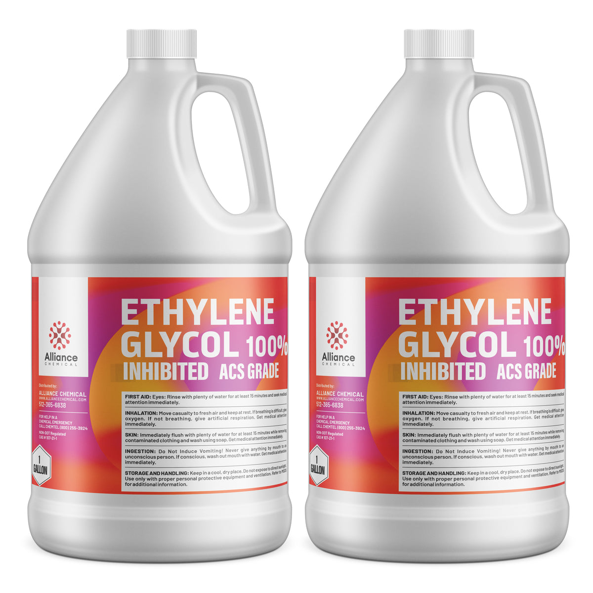 2-gallon HDPE jugs of 100% Ethylene Glycol Inhibited ACS Grade chemical, Alliance Chemical brand, safety warnings