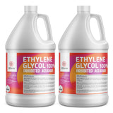 2-gallon HDPE jugs of 100% Ethylene Glycol Inhibited ACS Grade chemical, Alliance Chemical brand, safety warnings
