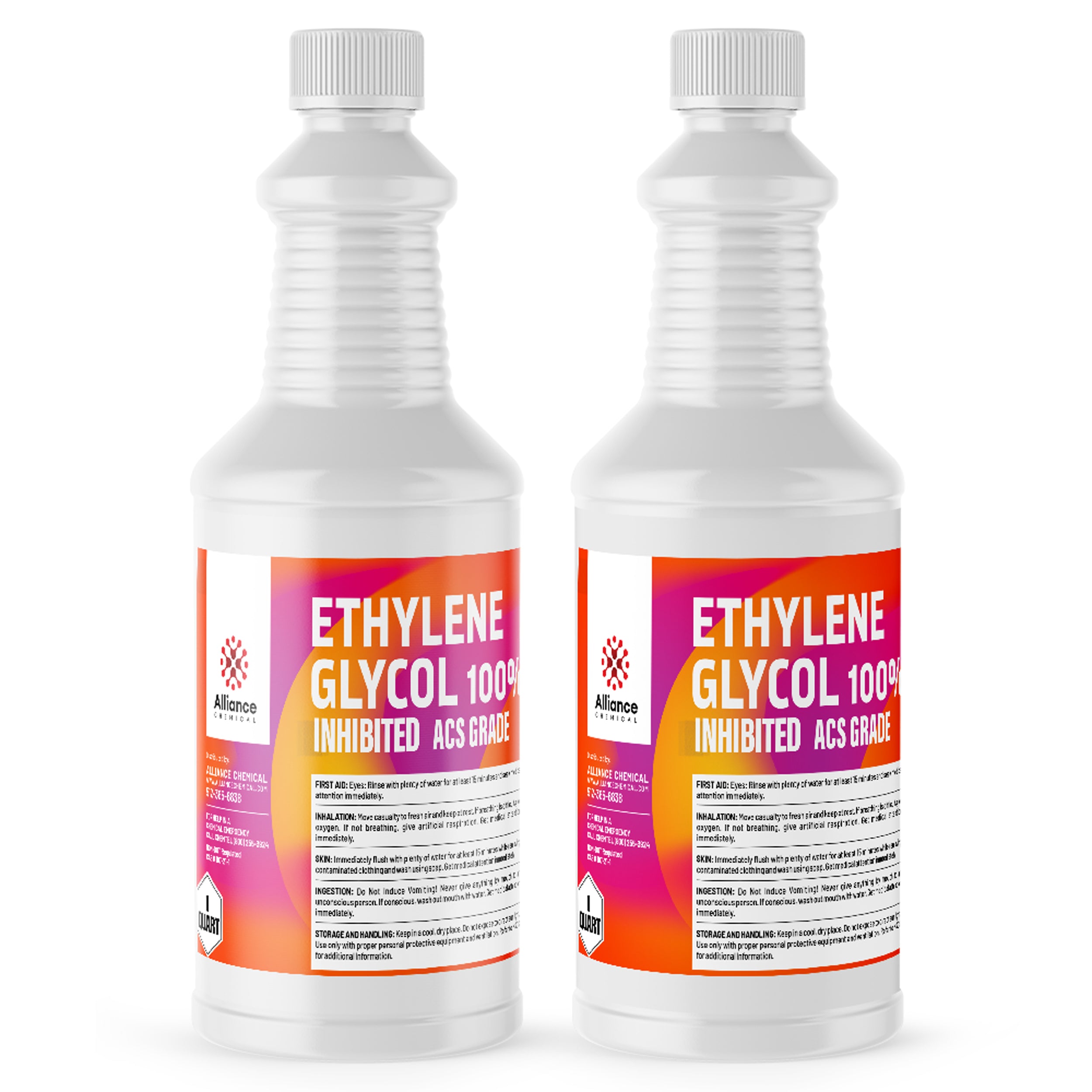 Alliance Chemical ethylene glycol inhibited ACS grade in two clear 1-liter HDPE bottles with white caps