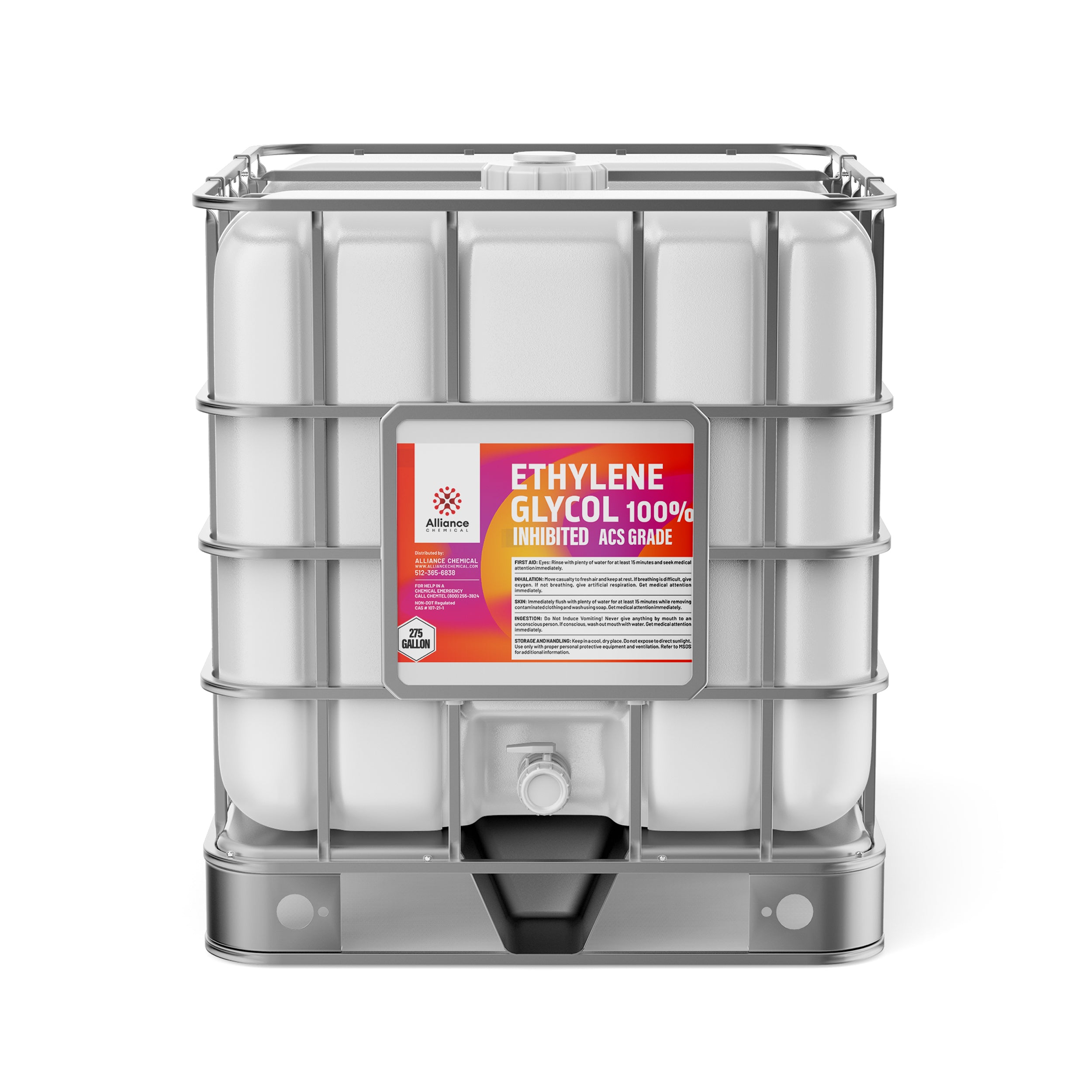 275-gallon IBC tote of Ethylene Glycol 100% Inhibited ACS Grade with Alliance Chemical branding, industrial safety labeling, and bottom discharge valve.