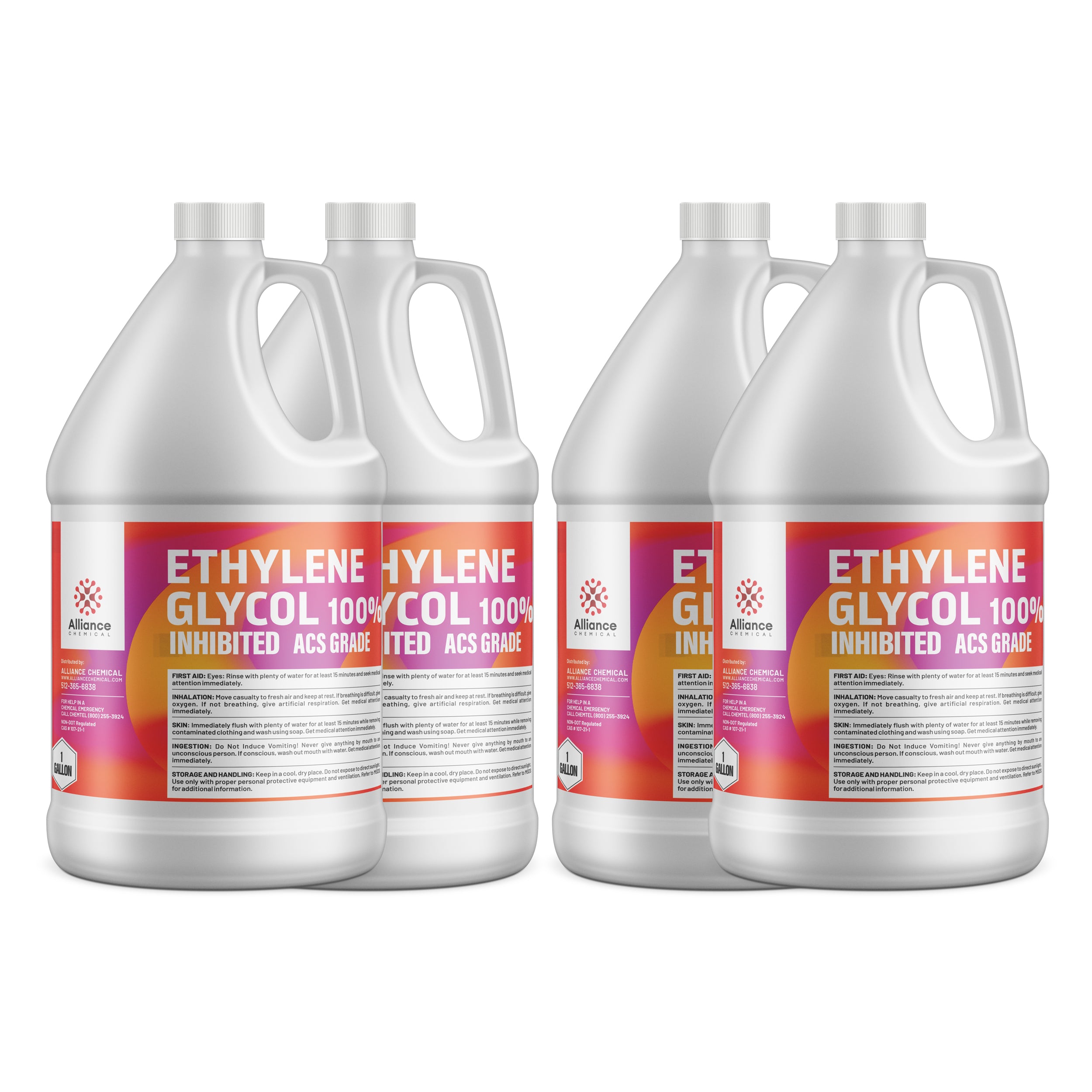 4x1-gallon HDPE jugs of 100% Ethylene Glycol Inhibited ACS Grade, white containers with red-gradient labels, Alliance Chemical safety symbols, first-aid instructions visible.