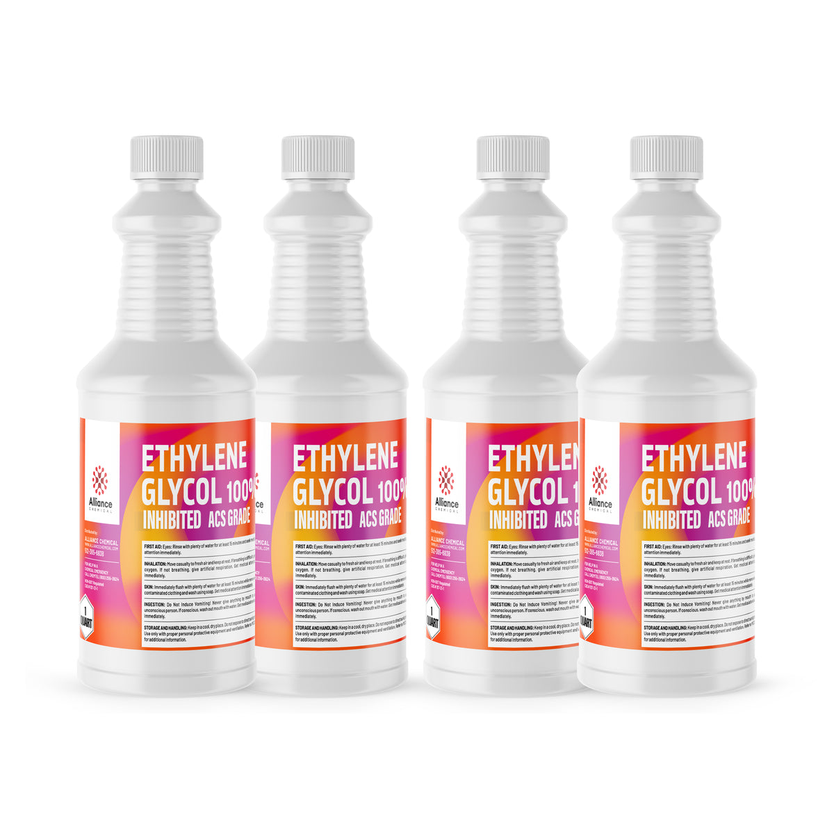 Alliance Chemical 4x1-quart bottles of Ethylene Glycol 100% Inhibited ACS Grade in HDPE containers