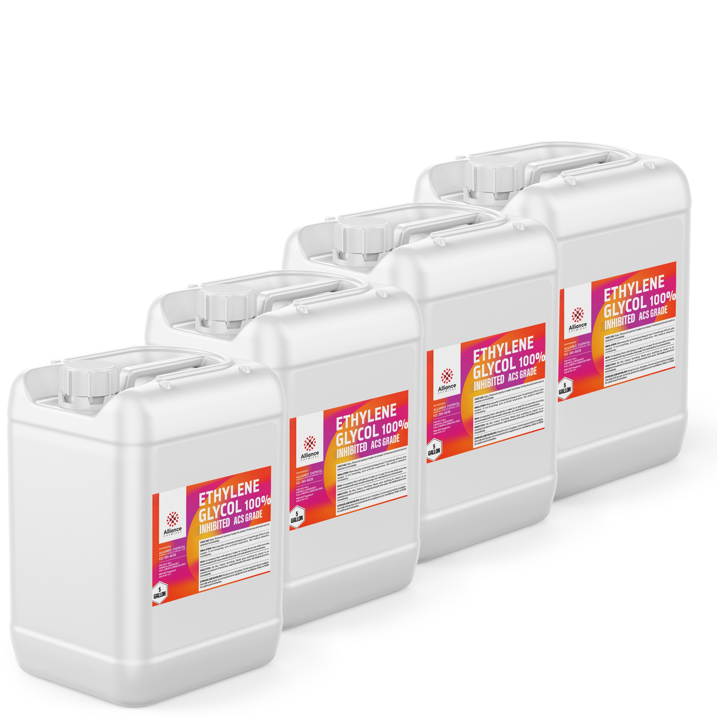 4x5-gallon white HDPE containers of 100% Ethylene Glycol, ACS Grade Inhibited, with Alliance Chemical safety labels in red-orange gradient design.