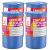 55-gallon blue drums of 100% Ethylene Glycol Inhibited ACS Grade by Alliance Chemical with first aid instructions and hazard warnings, 4-drum set.