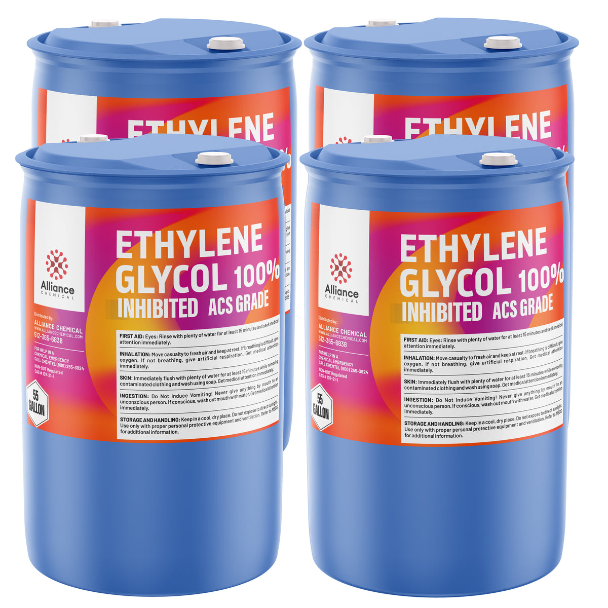 55-gallon blue drums of 100% Ethylene Glycol Inhibited ACS Grade by Alliance Chemical, 4-drum set