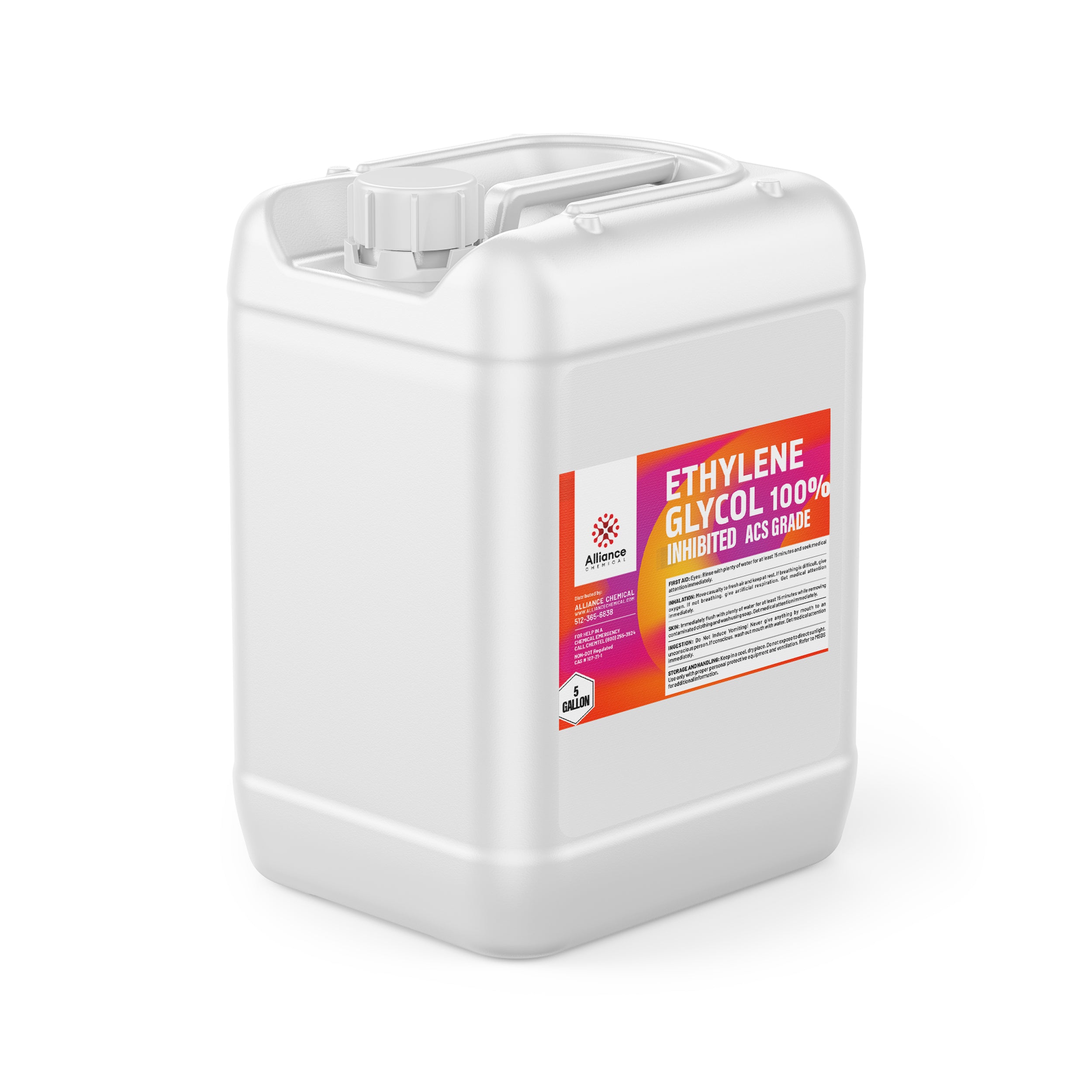 5-gallon white HDPE jerry can containing 100% Inhibited ACS Grade Ethylene Glycol from Alliance Chemical with color-coded product label.