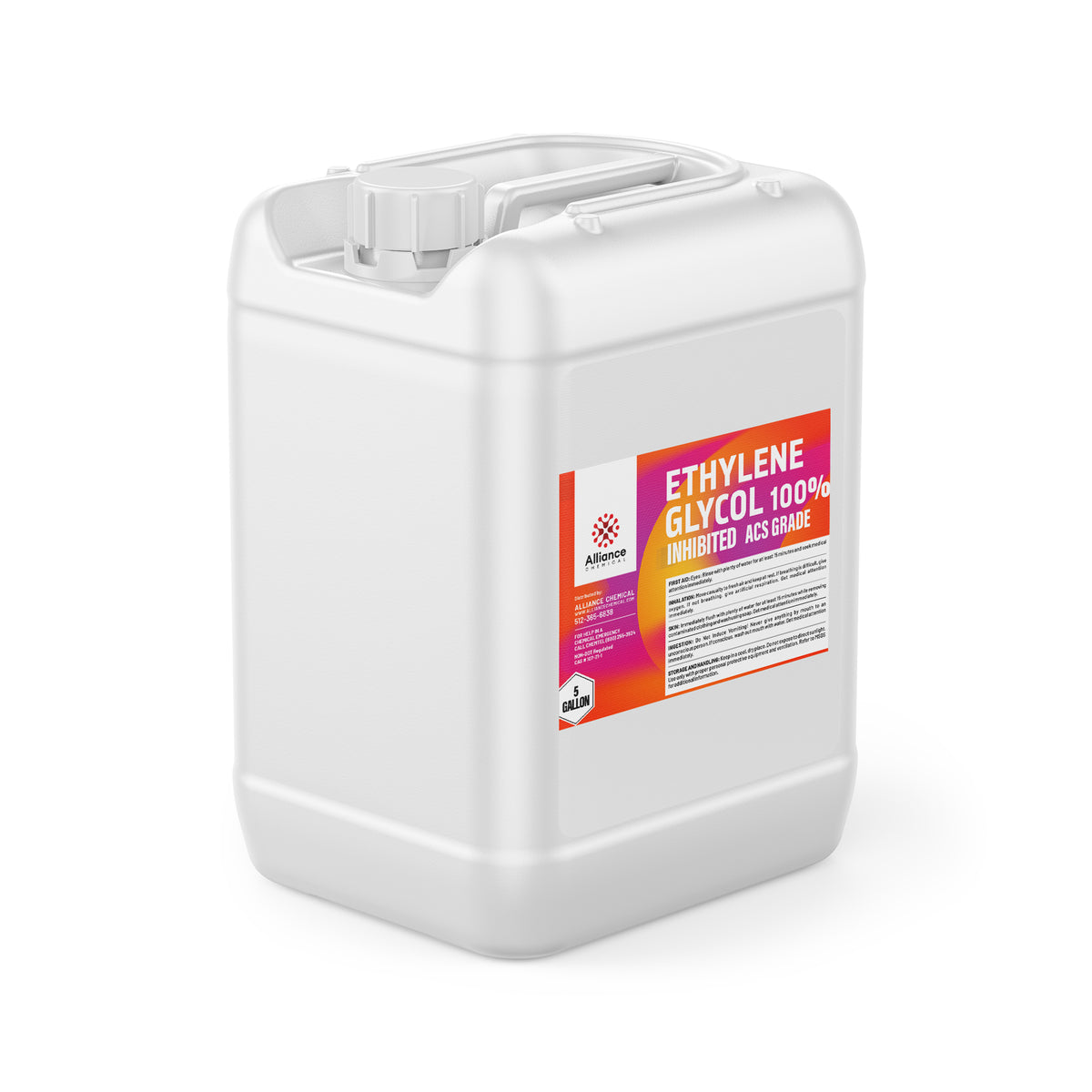 Alliance Chemical 5-gallon HDPE jerry can containing 100% Inhibited ACS Grade Ethylene Glycol with color-coded product label