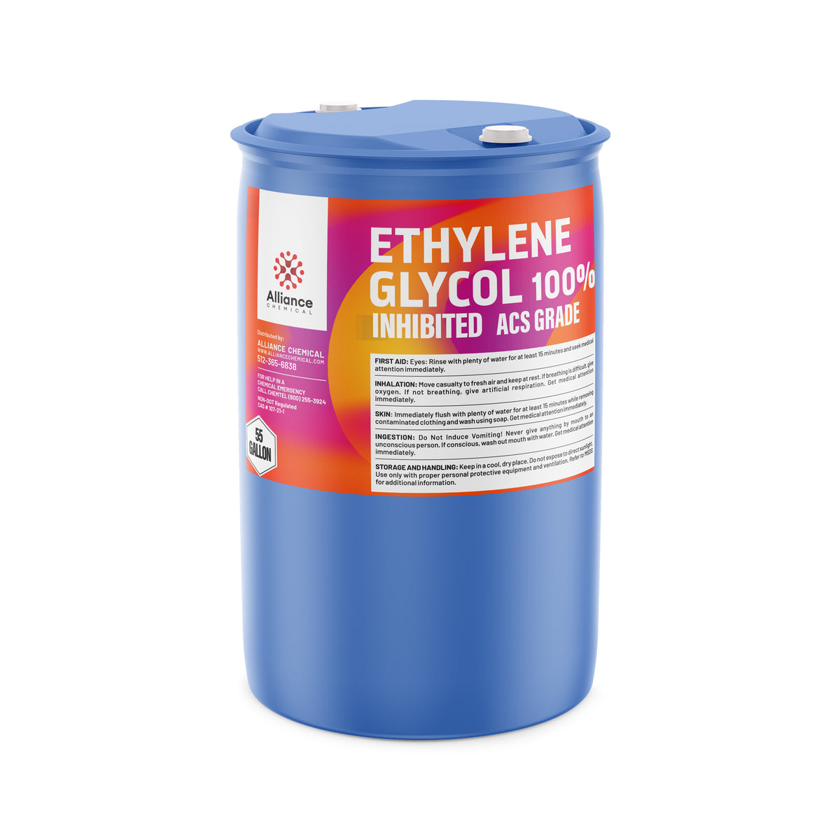 55-gallon blue drum of Ethylene Glycol 100% Inhibited ACS Grade, Alliance Chemical branding, and safety handling warnings