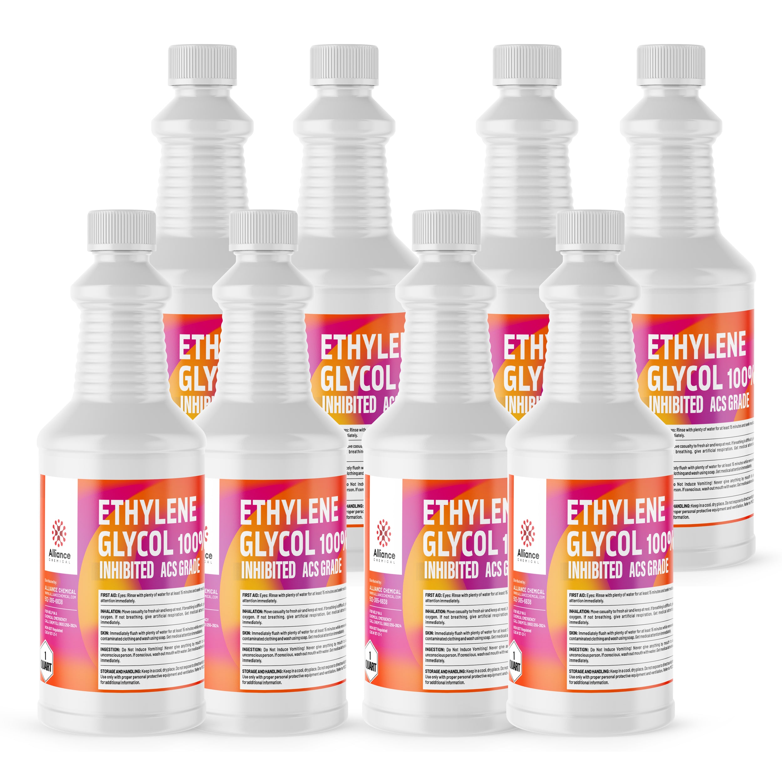 8x1 quart bottles of Ethylene Glycol Inhibited ACS Grade in white HDPE containers with hazard warning symbol, pink-orange gradient labels.