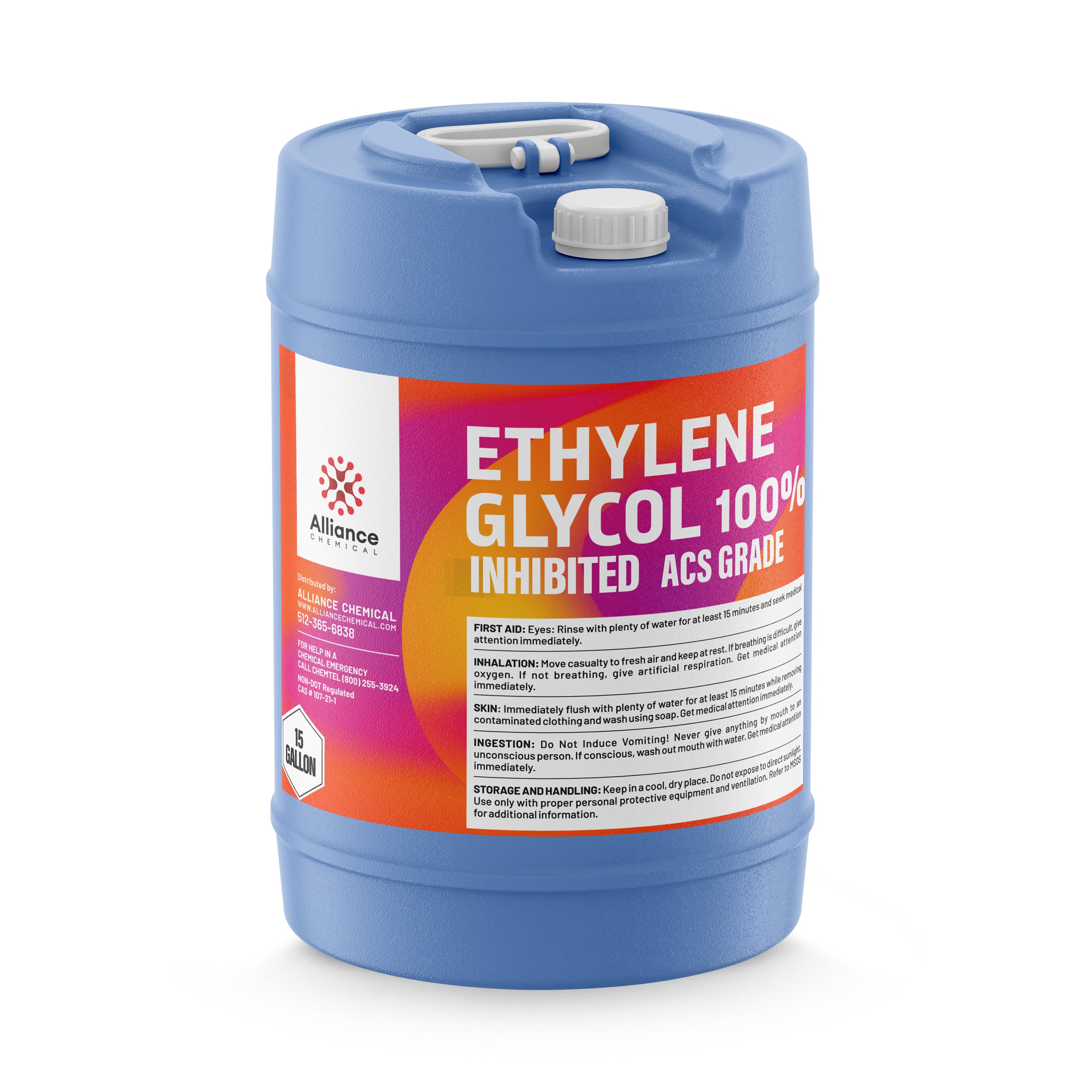 15-gallon blue carboy of Ethylene Glycol 100% Inhibited ACS Grade by Alliance Chemical, featuring first aid instructions and safety handling protocols.