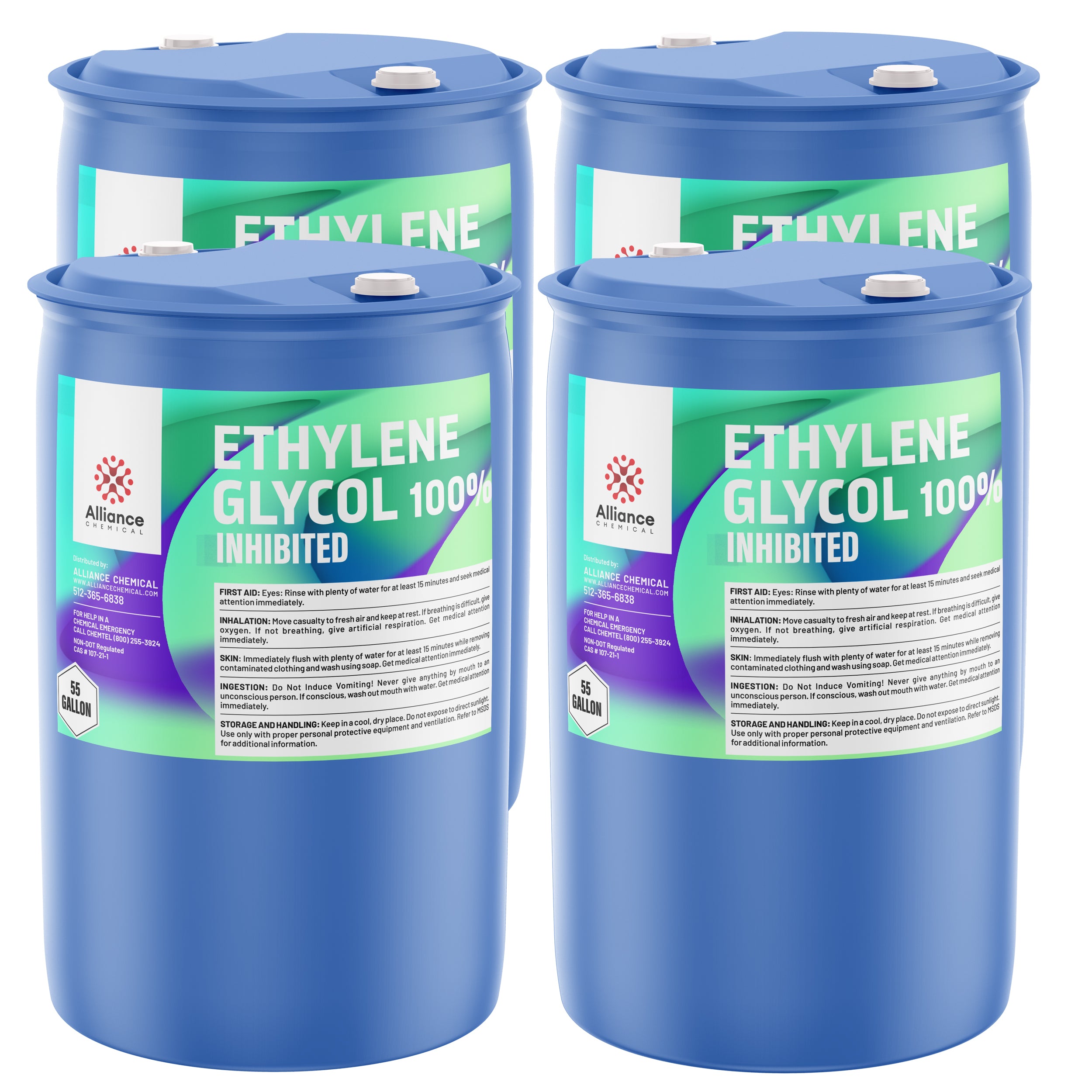 55-gallon blue drums of Alliance Chemical 100% Ethylene Glycol Inhibited, featuring green labels, first aid instructions, and safety warnings - set of 4 industrial containers.
