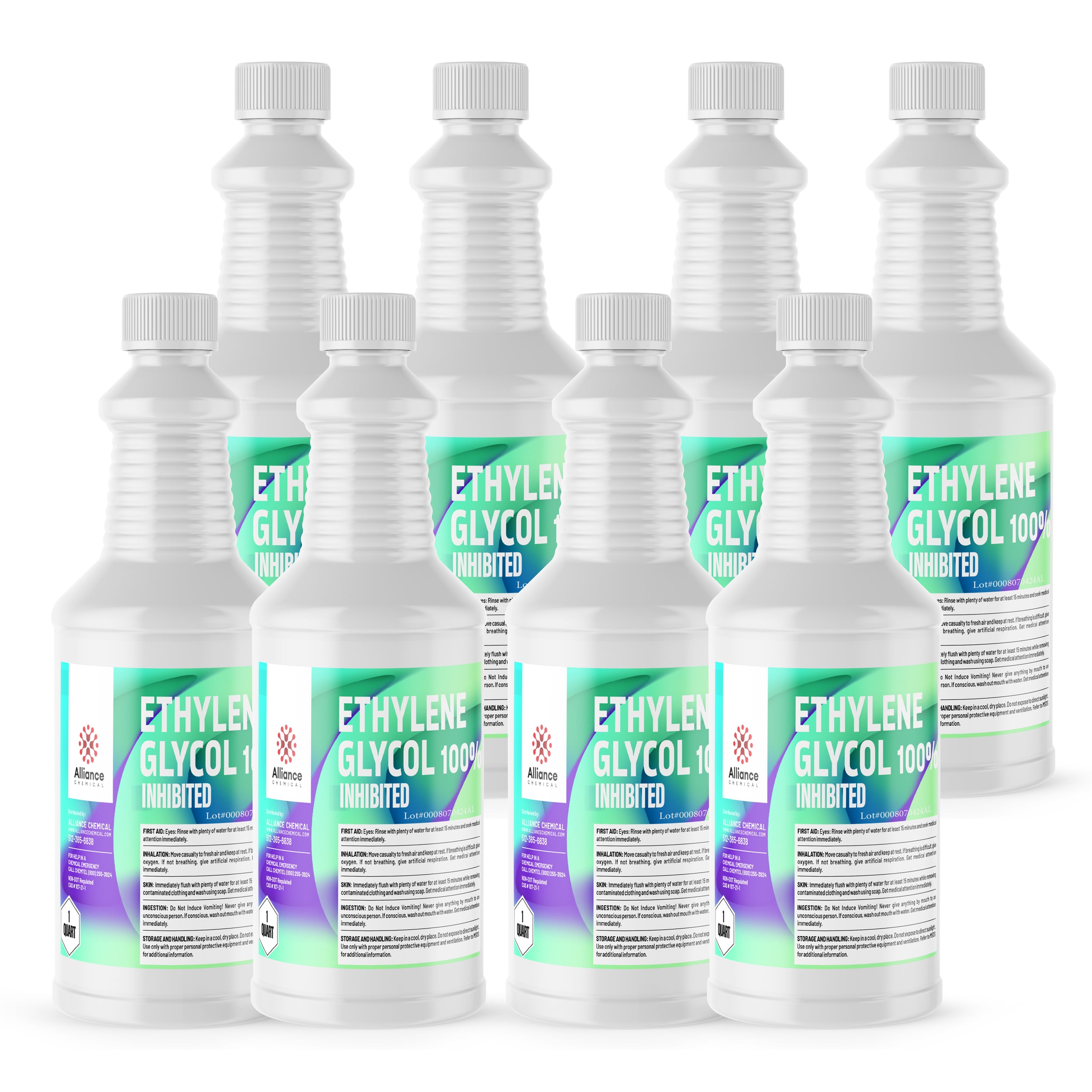 8x1 quart bottles of Alliance Chemical Ethylene Glycol Inhibited (100%), white HDPE containers with green labels and safety warnings, industrial-grade coolant.