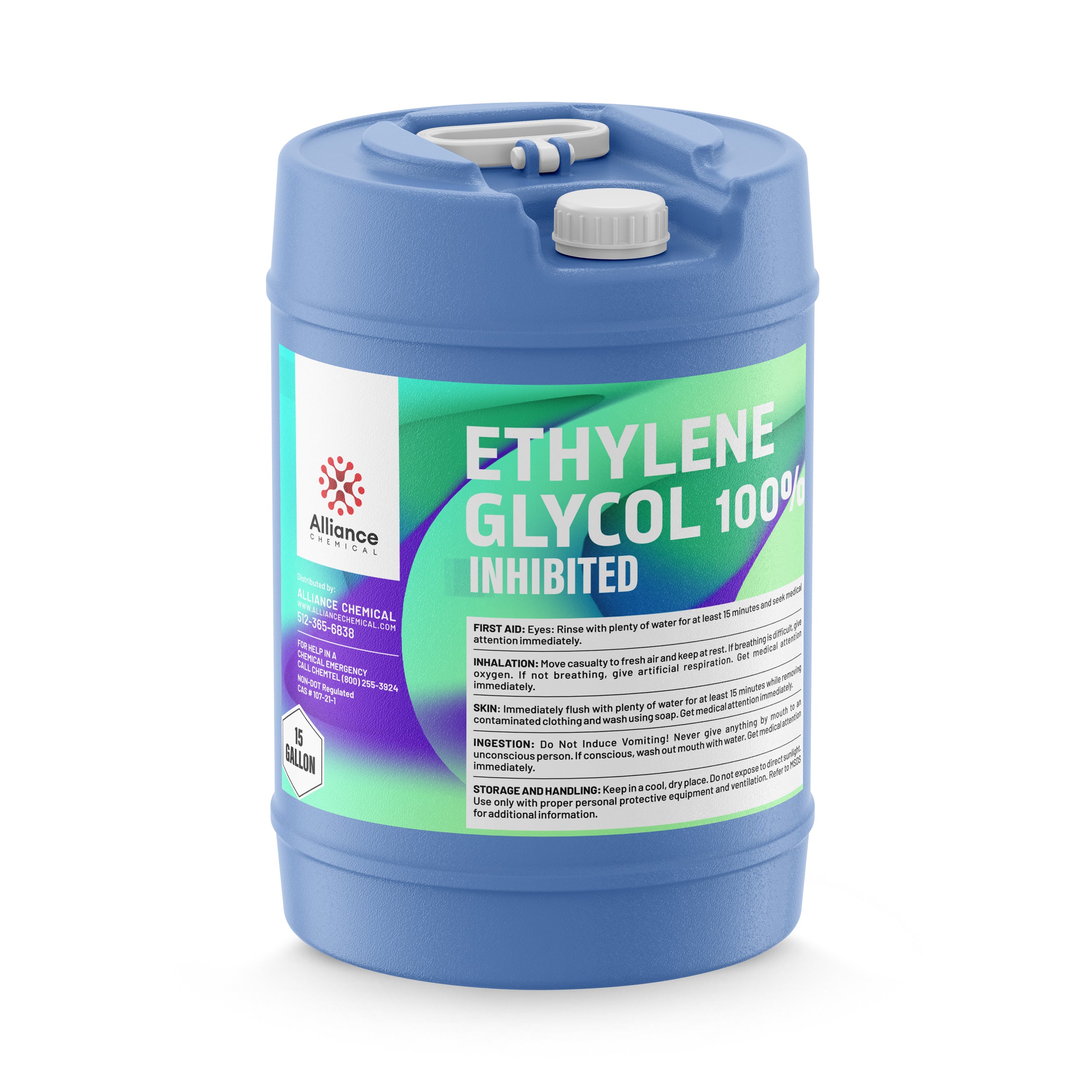 15-gallon blue HDPE carboy of 100% Ethylene Glycol Inhibited by Alliance Chemical, featuring first aid instructions and safety handling guidelines.