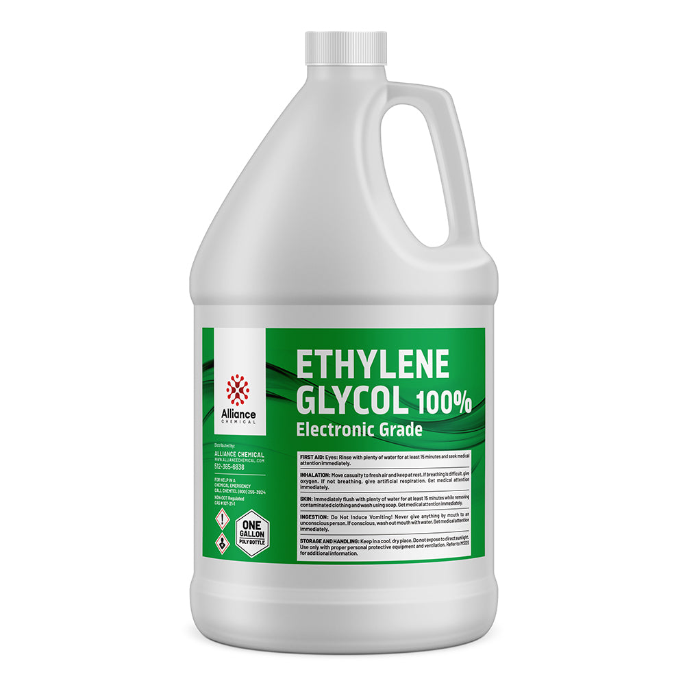 One-gallon electronic-grade ethylene glycol (100% pure) in white HDPE container with green label, hazard warning symbols, and safety instructions.