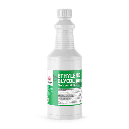 1-quart HDPE bottle of Electronic Grade Ethylene Glycol 100%, Alliance Chemical brand, green-labeled with safety instructions