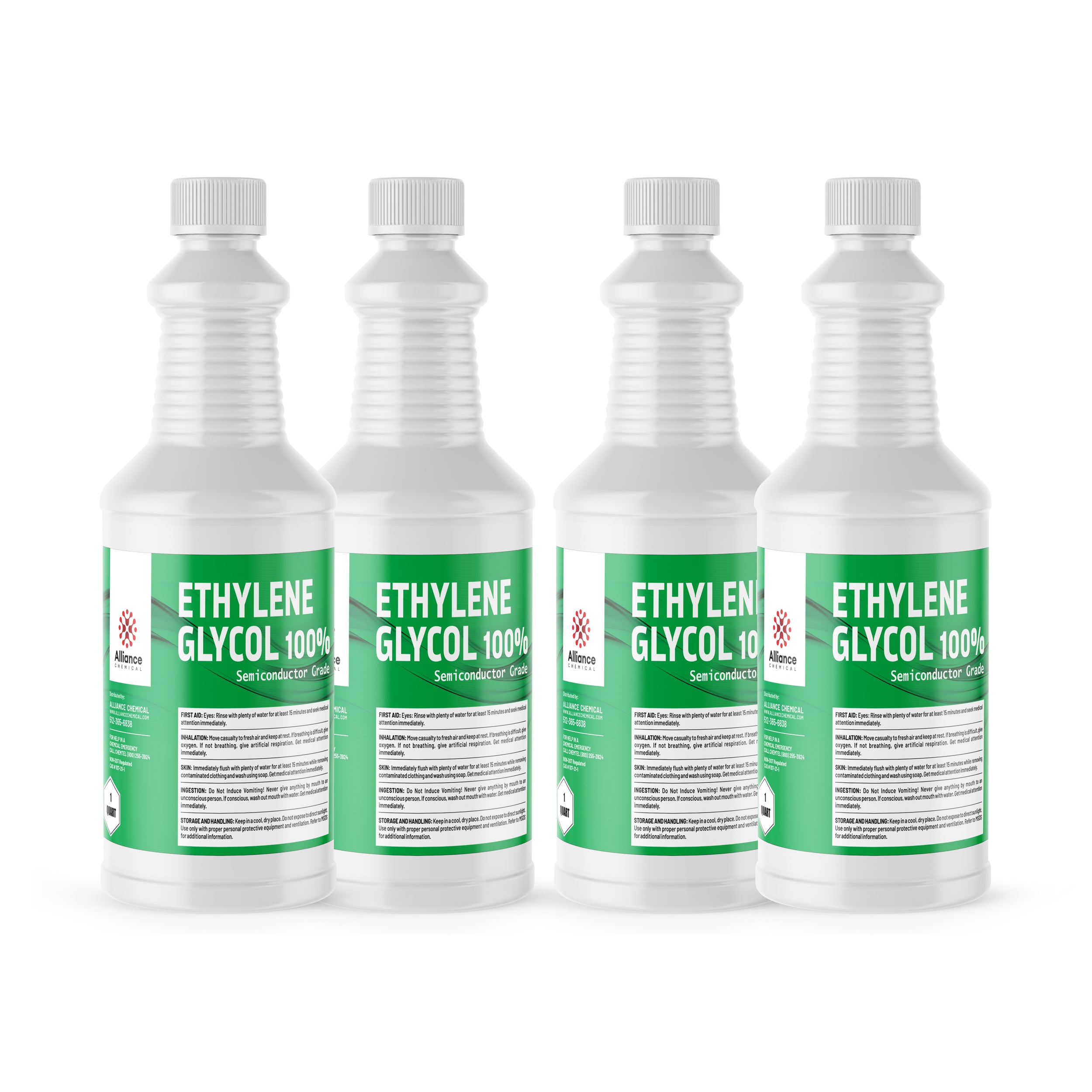 4x1-quart Ethylene Glycol 100% Semiconductor Grade bottles with white HDPE containers, green labels, Alliance Chemical branding, safety symbols.